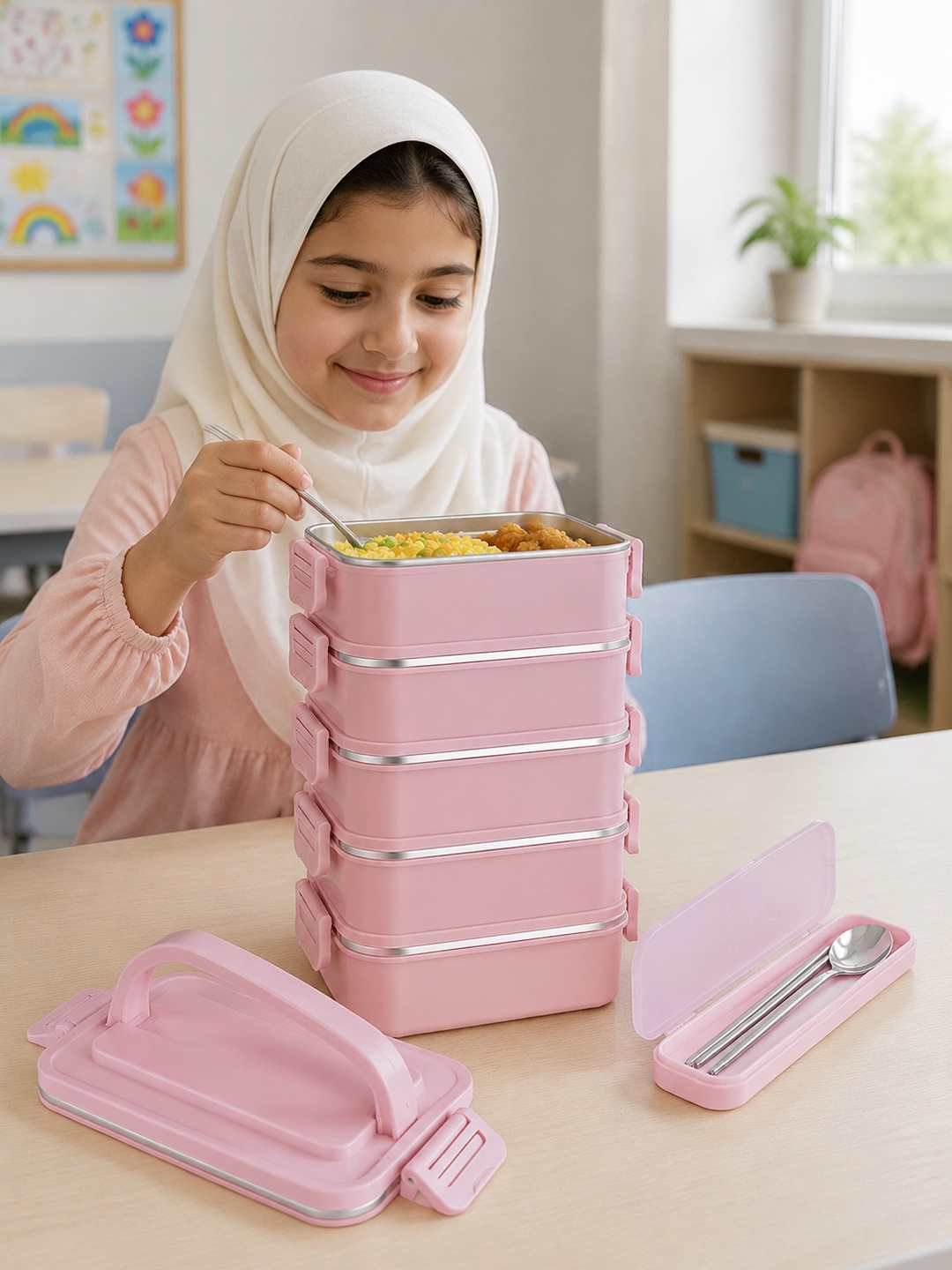 Pink 5-Tier 4500ml Stainless Steel Lunch Box with Cutlery