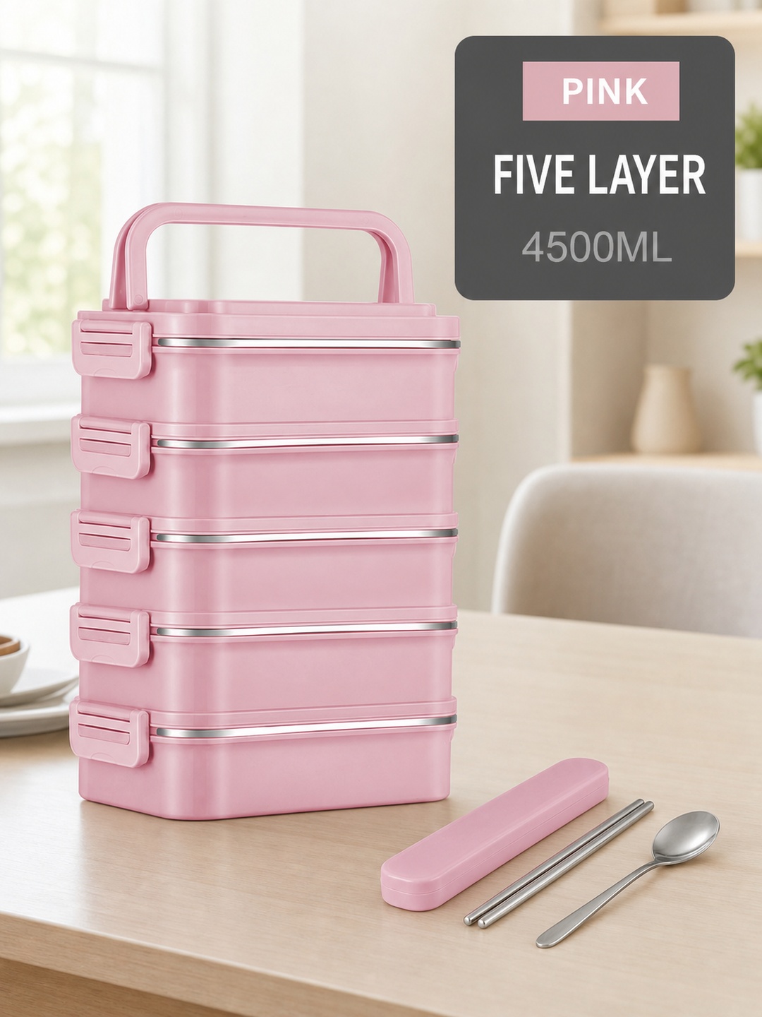 Pink 5-Tier 4500ml Stainless Steel Lunch Box with Cutlery