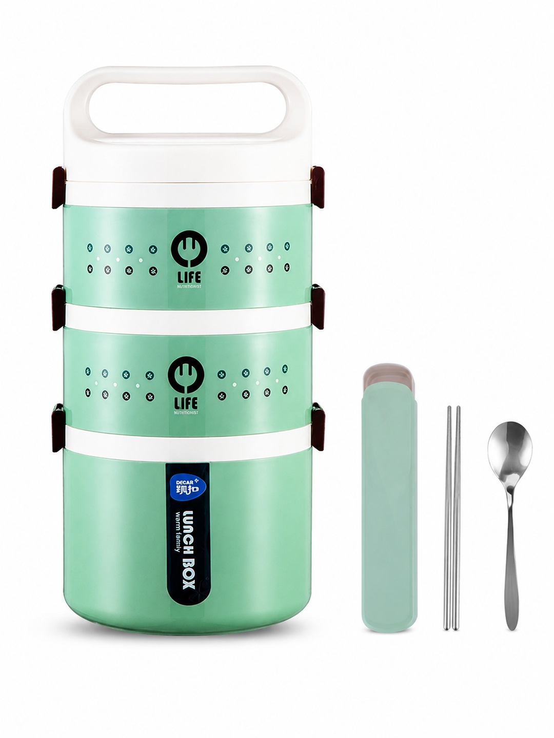 Green 3-Tier 2450 mL Lunch Box with Spoon and Chopsticks