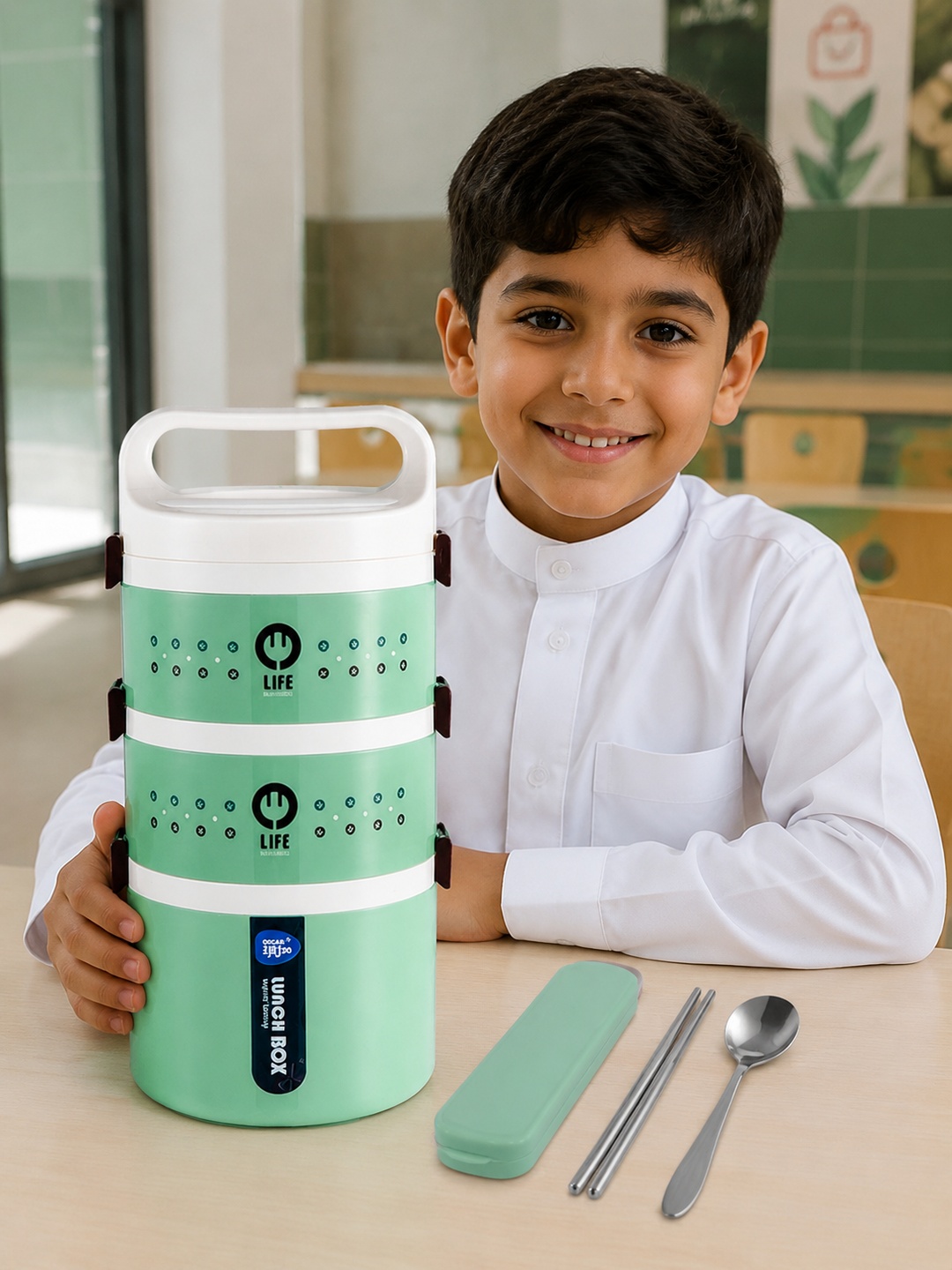 Green 3-Tier 2450 mL Lunch Box with Spoon and Chopsticks