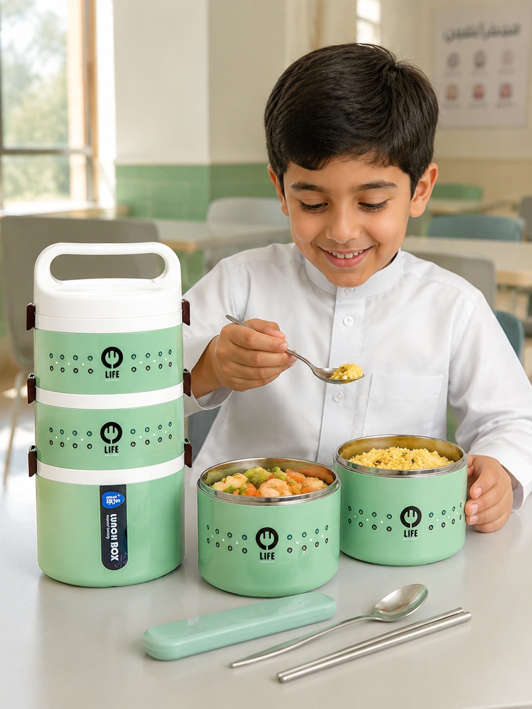 Green 3-Tier 2450 mL Lunch Box with Spoon and Chopsticks