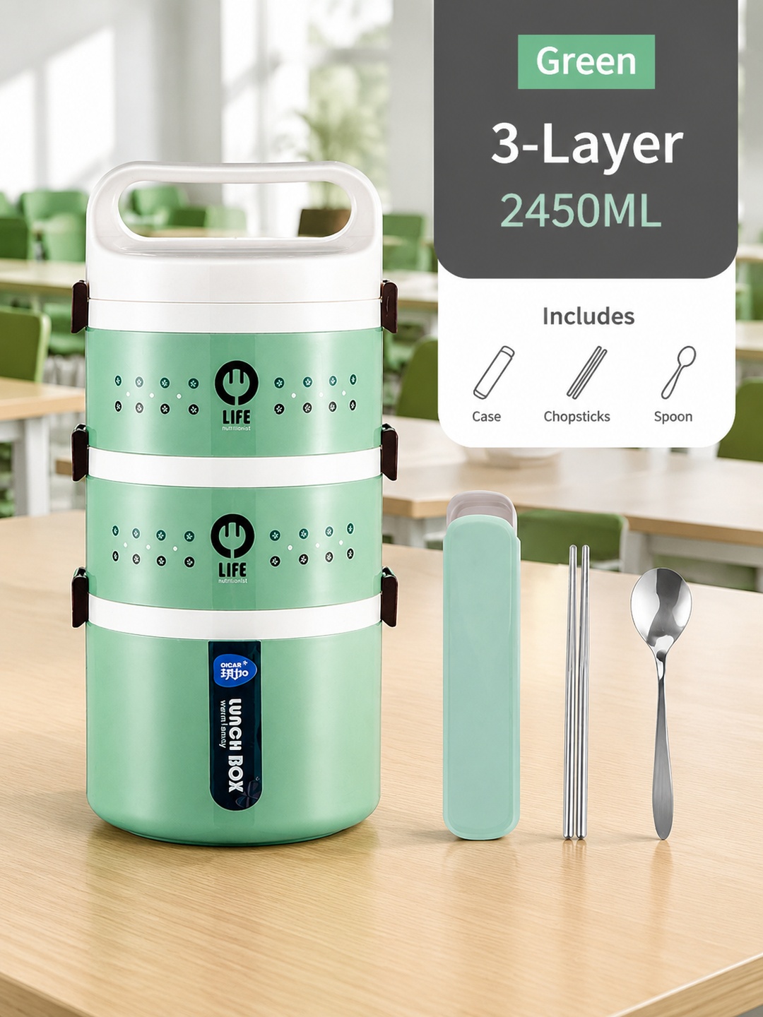 Green 3-Tier 2450 mL Lunch Box with Spoon and Chopsticks