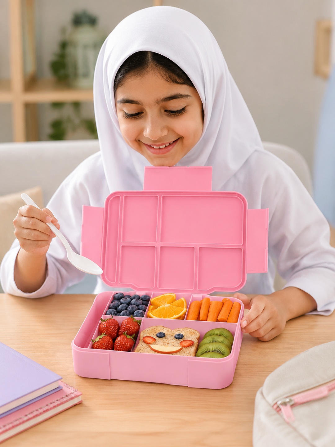 حافظة طعام متعددة التقسيمات بمقبض وشوكة وملعقة