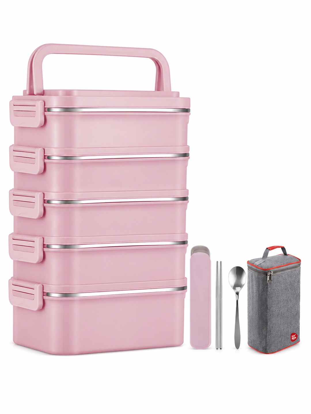 Pink 5-Tier 4500ml Stainless Steel Lunch Box Set with Cutlery and Bag