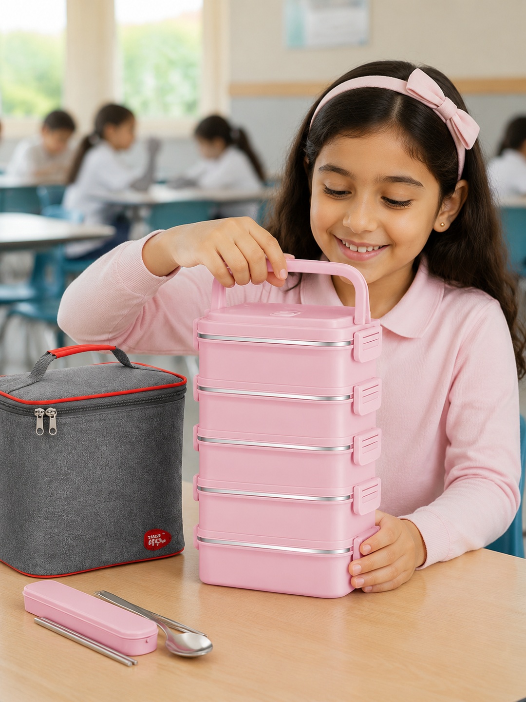 Pink 5-Tier 4500ml Stainless Steel Lunch Box Set with Cutlery and Bag