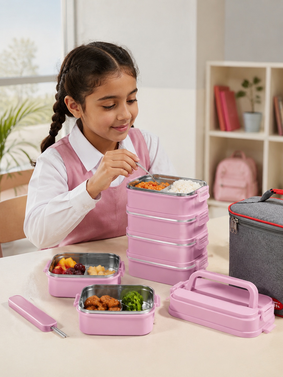 Pink 5-Tier 4500ml Stainless Steel Lunch Box Set with Cutlery and Bag