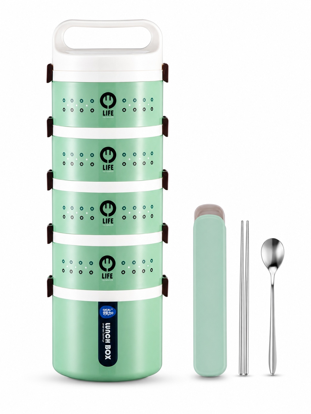 Green 5-Tier 3650ml Lunch Box with Spoon and Chopsticks