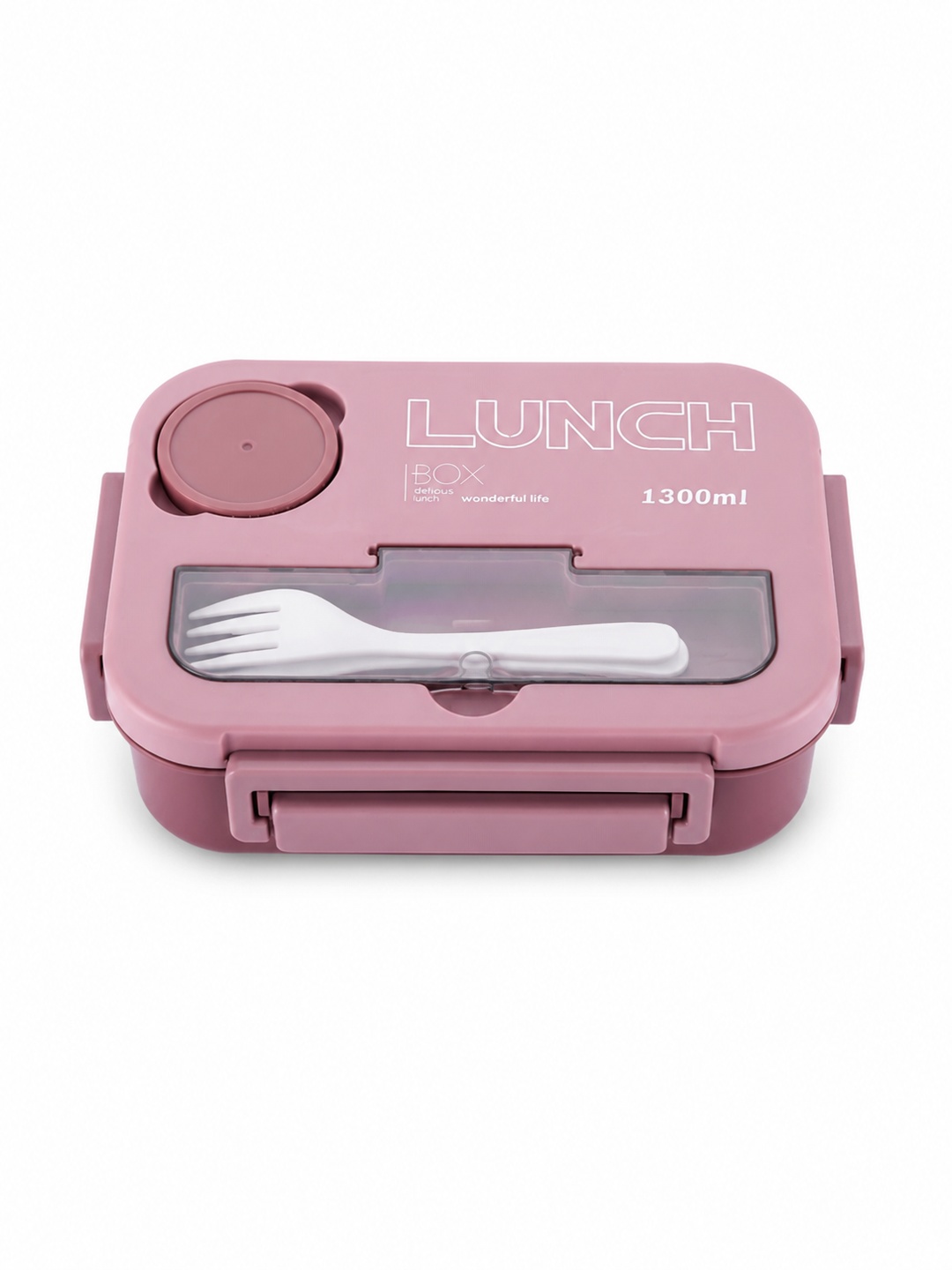 Pink 1300ml Plastic Bento Lunch Box with Fork and Sauce Container
