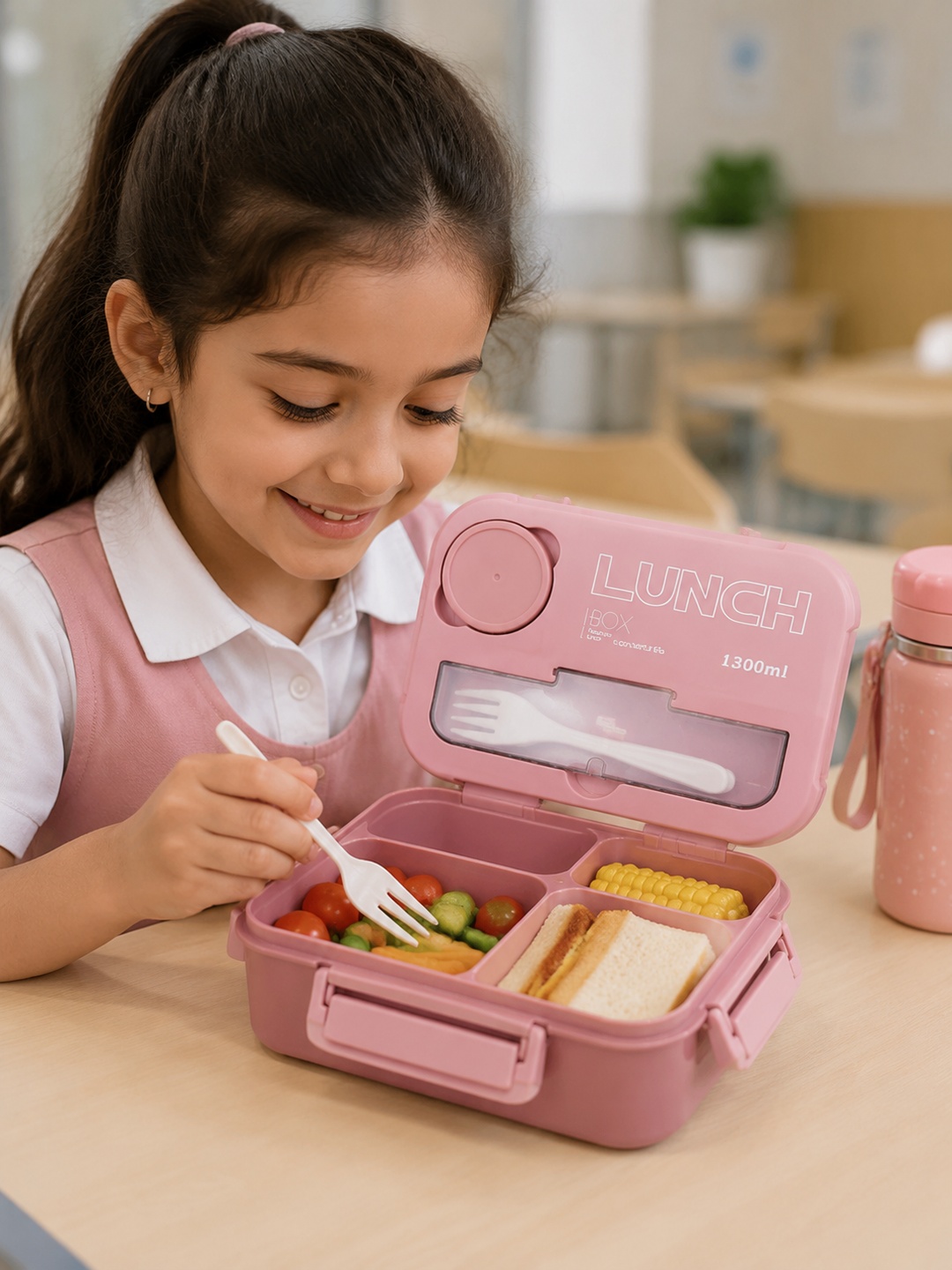 Pink 1300ml Plastic Bento Lunch Box with Fork and Sauce Container