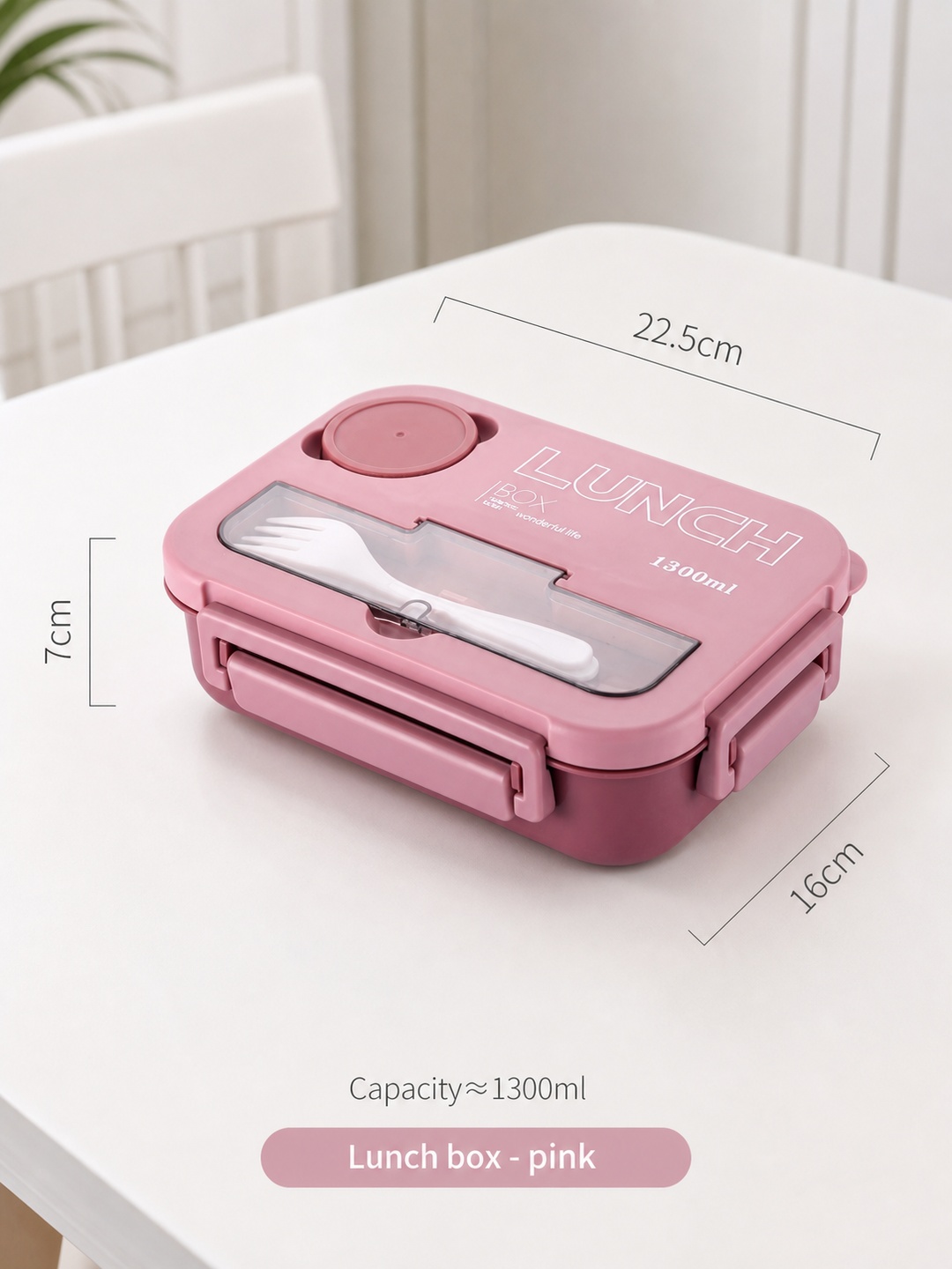 Pink 1300ml Plastic Bento Lunch Box with Fork and Sauce Container