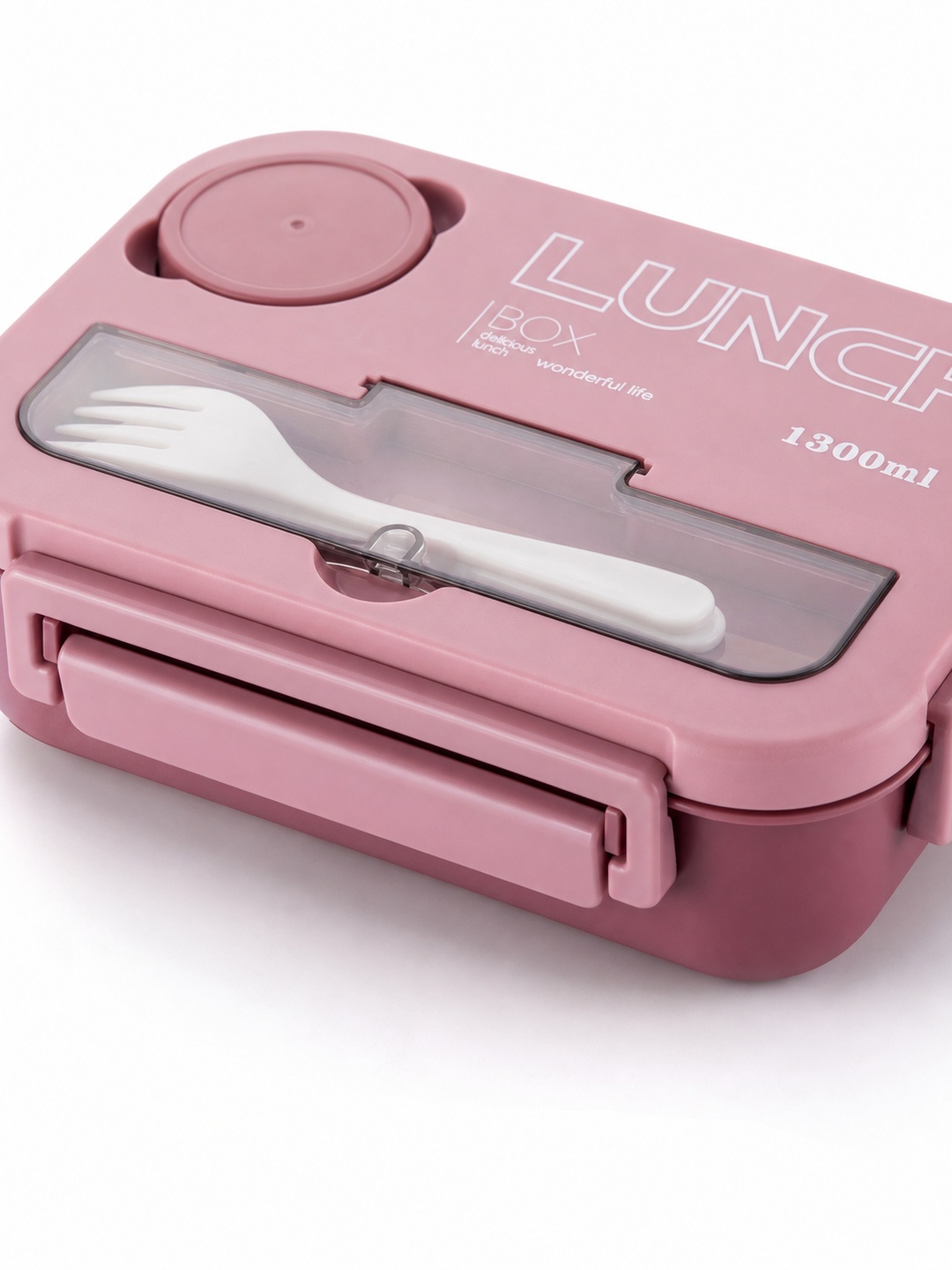 Pink 1300ml Plastic Bento Lunch Box with Fork and Sauce Container