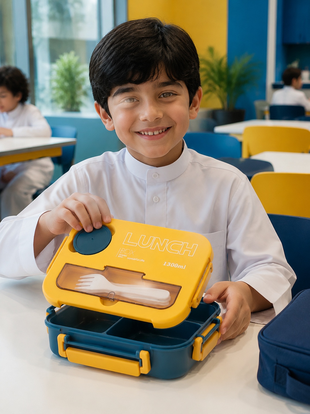 Yellow and Blue Plastic Bento Lunch Box with Utensils, 1300ml