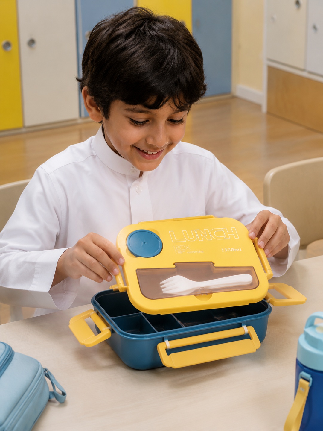 Yellow and Blue Plastic Bento Lunch Box with Utensils, 1300ml