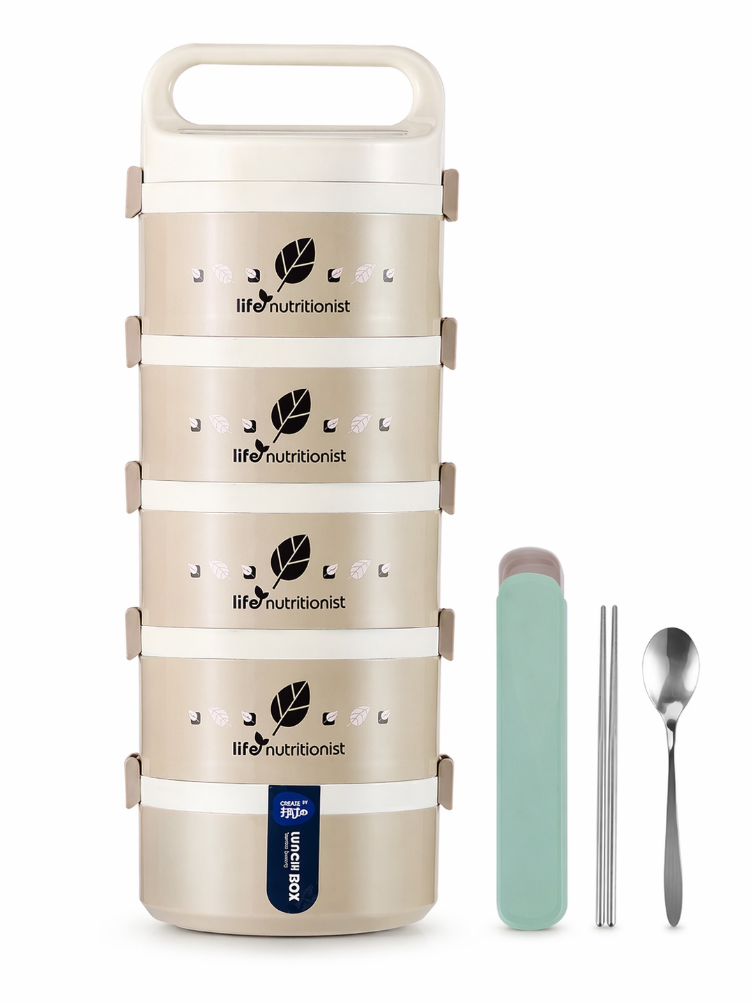 Beige 5-Tier 3650ml Stainless Steel Lunch Box with Cutlery