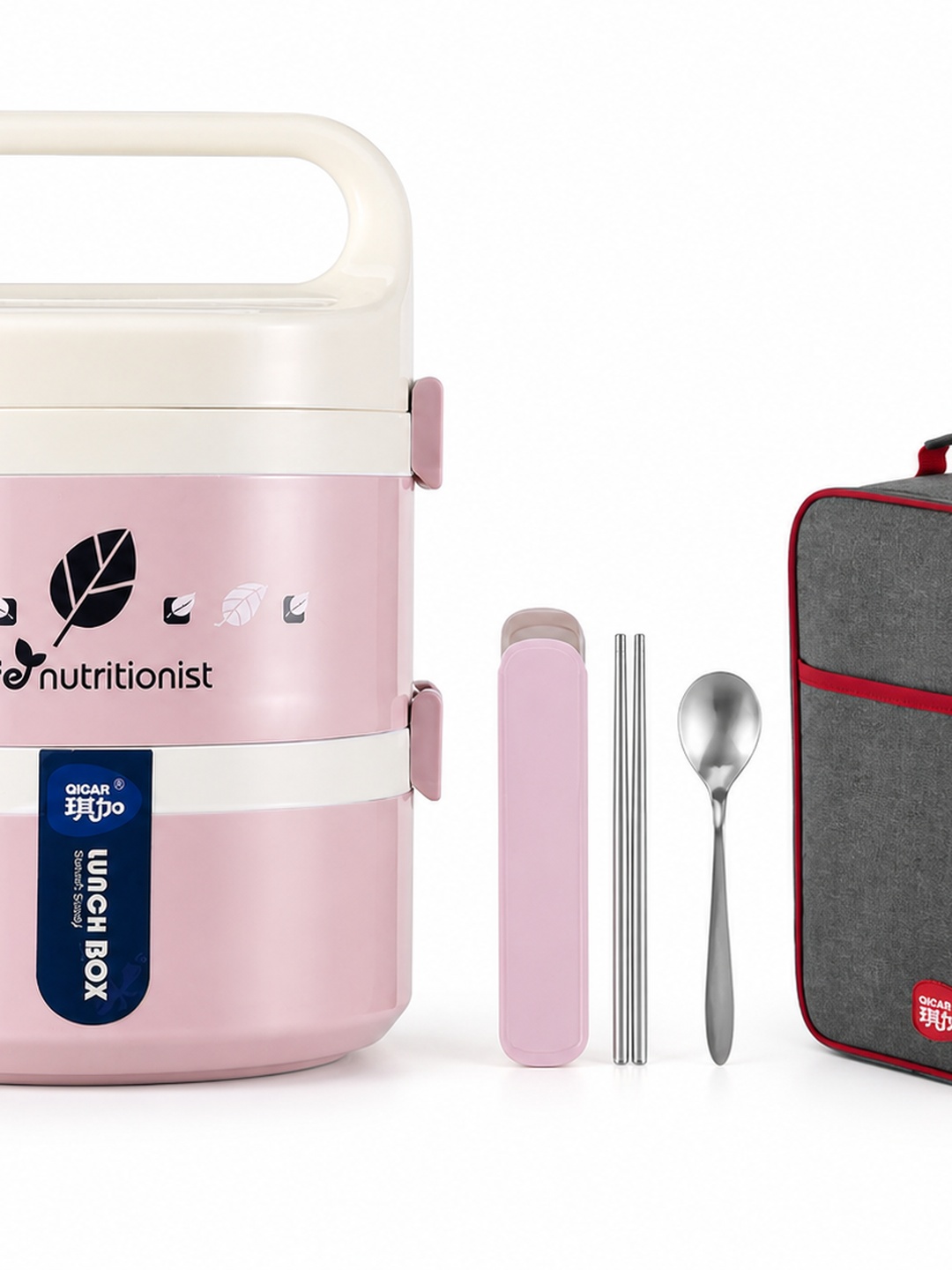 Pink 2-Tier Stainless Steel Insulated Lunch Box Set with Bag