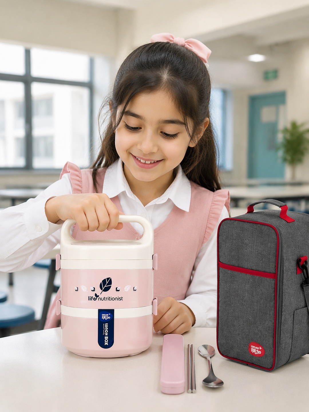 Pink 2-Tier Stainless Steel Insulated Lunch Box Set with Bag