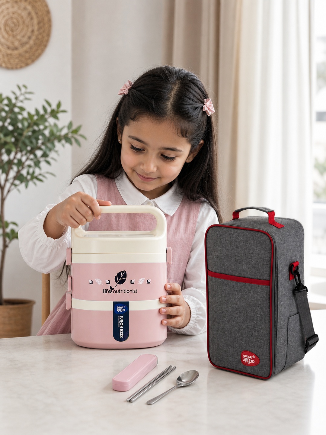 Pink 2-Tier Stainless Steel Insulated Lunch Box Set with Bag