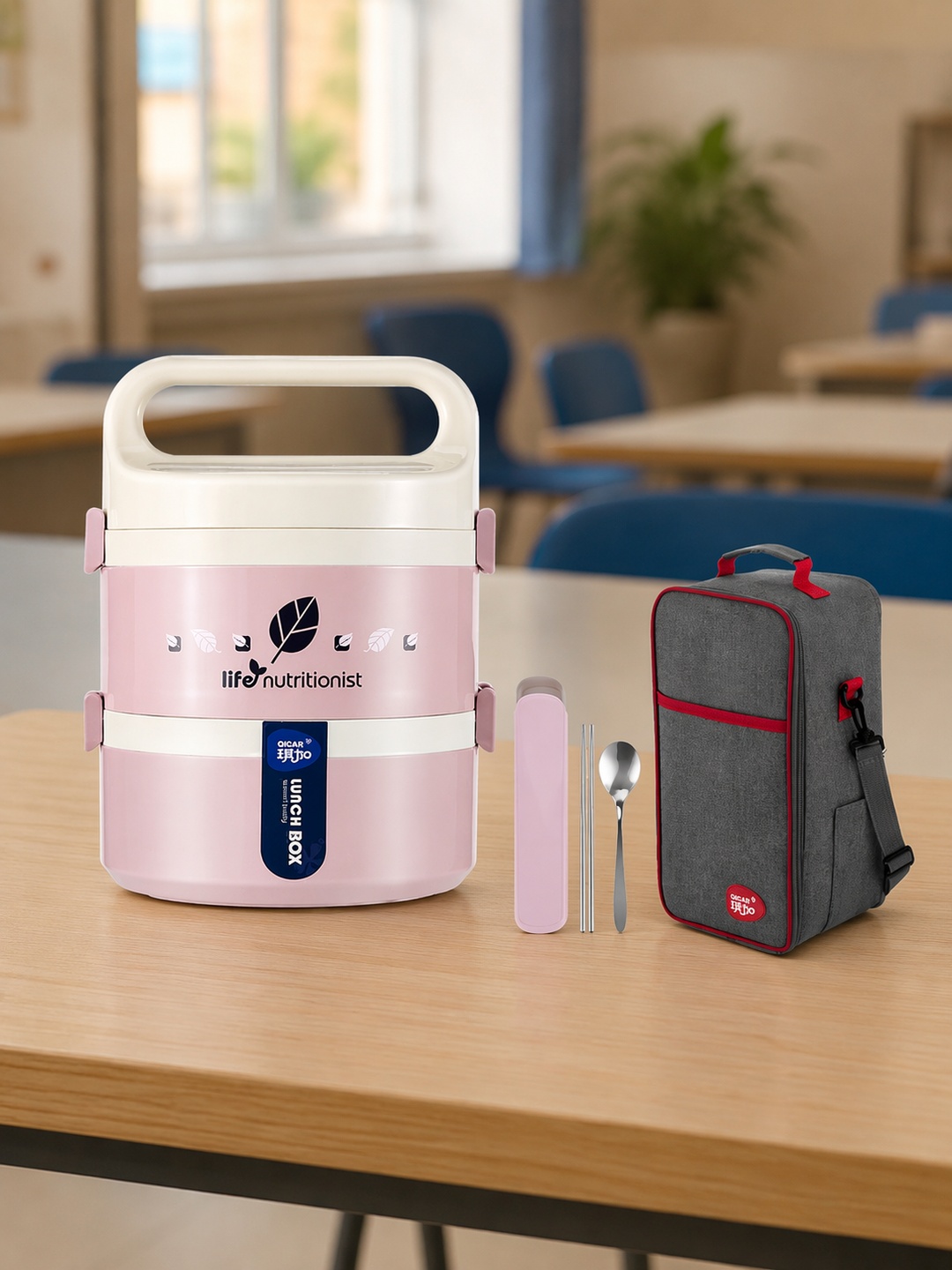 Pink 2-Tier Stainless Steel Insulated Lunch Box Set with Bag