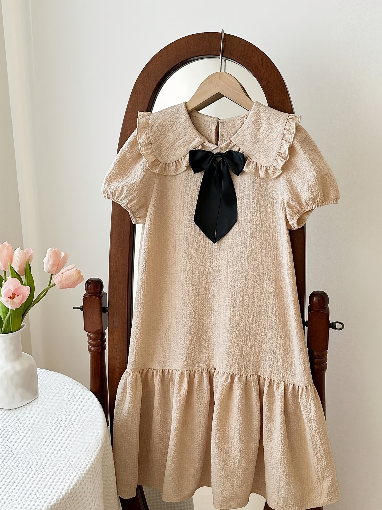 Beige Solid Round Neck A-Line Dress