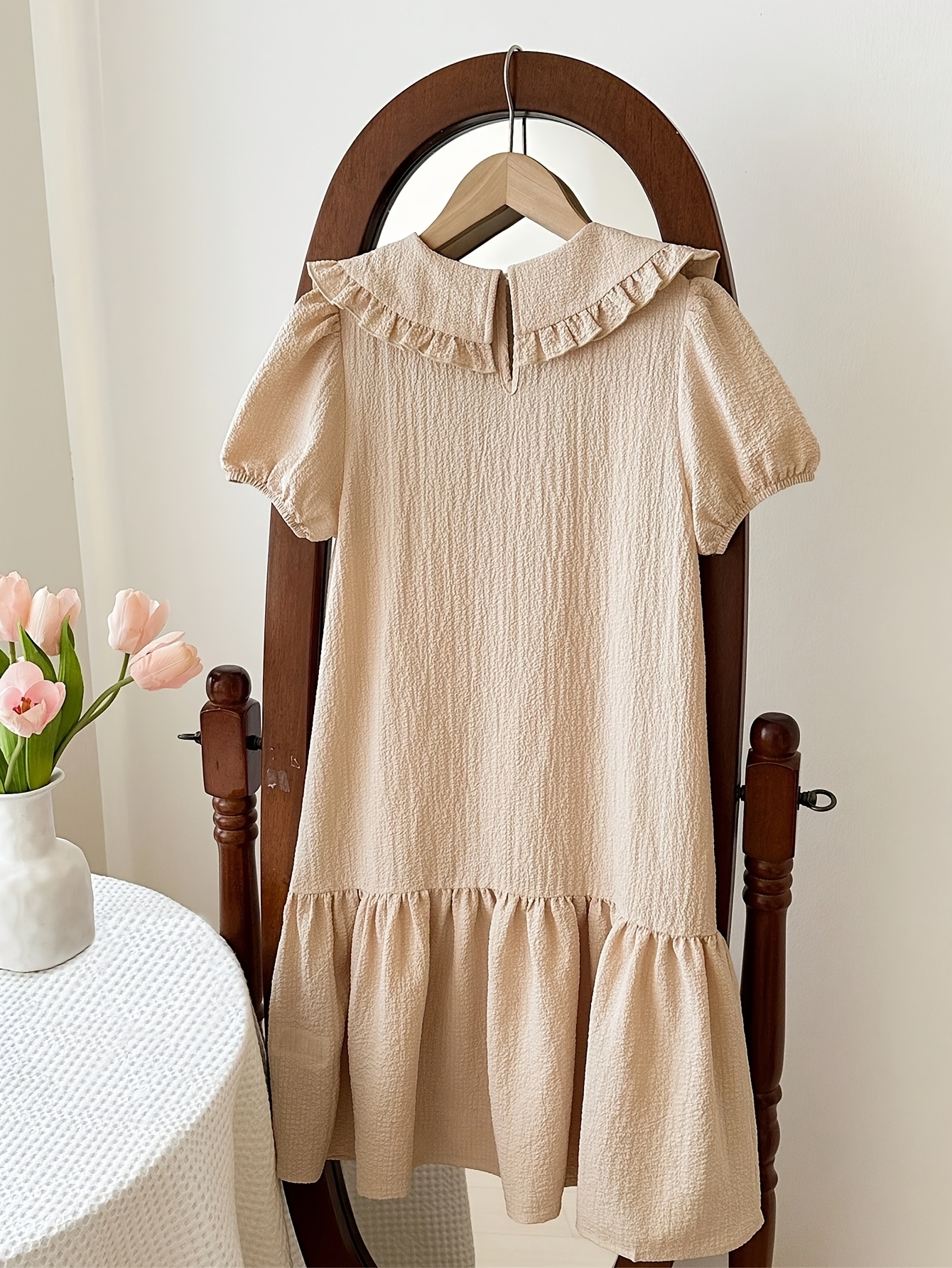 Beige Solid Round Neck A-Line Dress