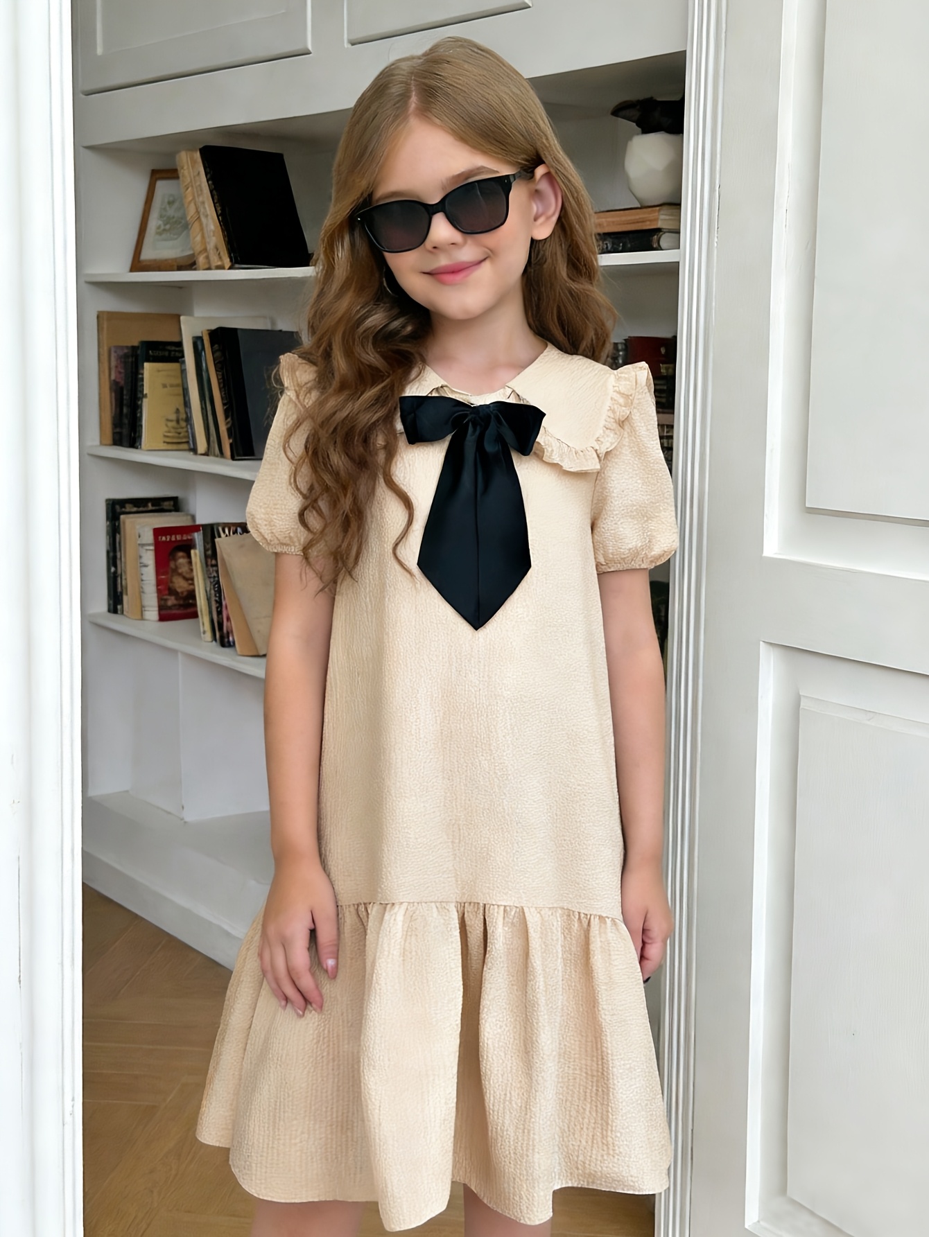 Beige Solid Round Neck A-Line Dress