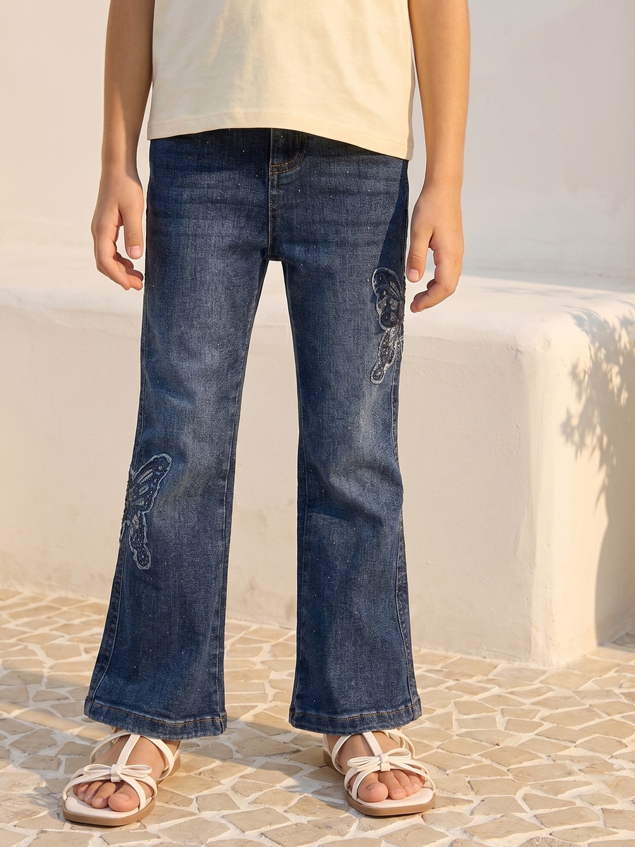 Straight Fit Cotton Jeans with Butterfly Applique