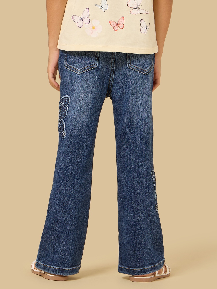 Straight Fit Cotton Jeans with Butterfly Applique