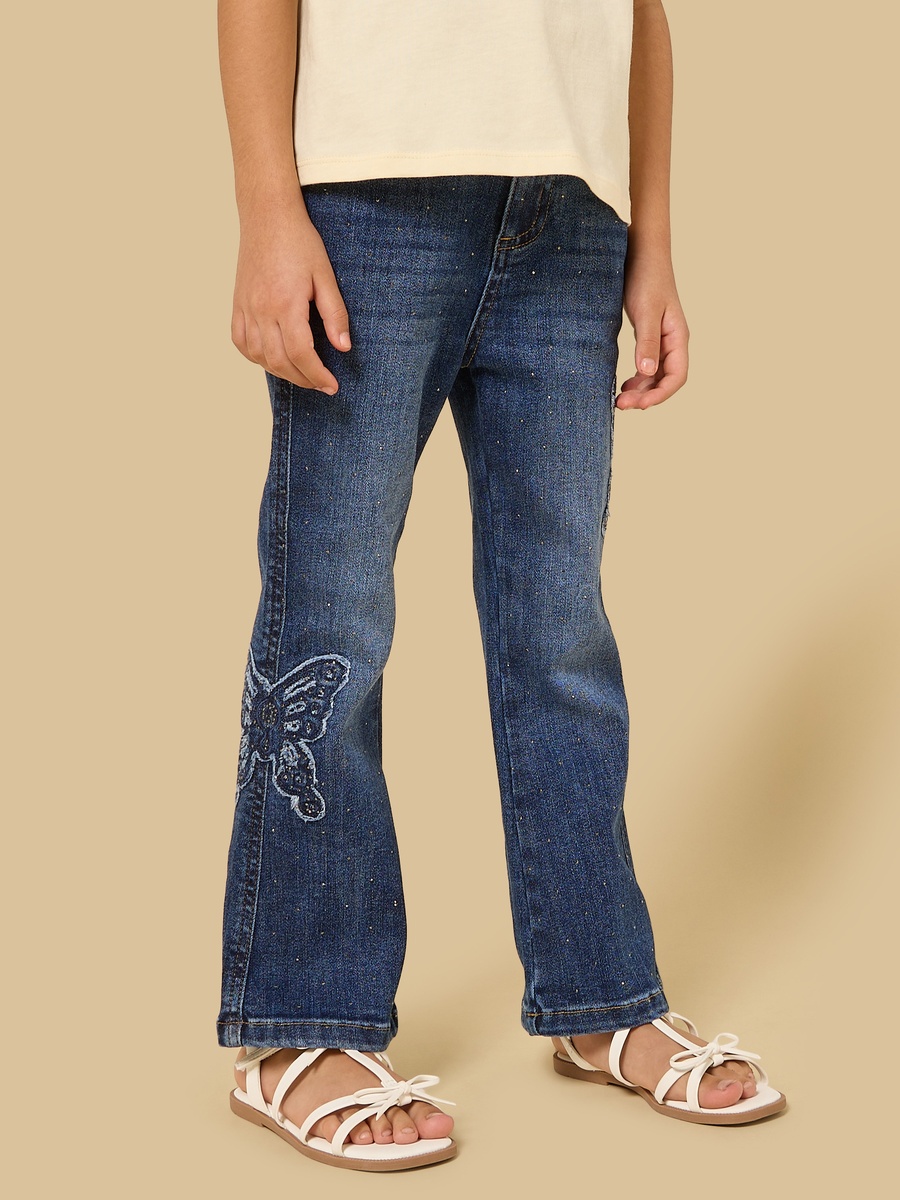 Straight Fit Cotton Jeans with Butterfly Applique