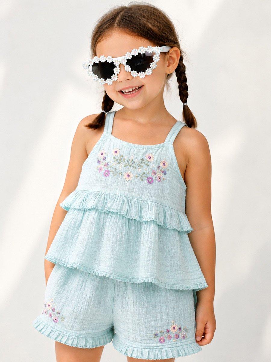 3-Piece Girls Embroidered Cotton Top and Ruffle Shorts with Glasses Set