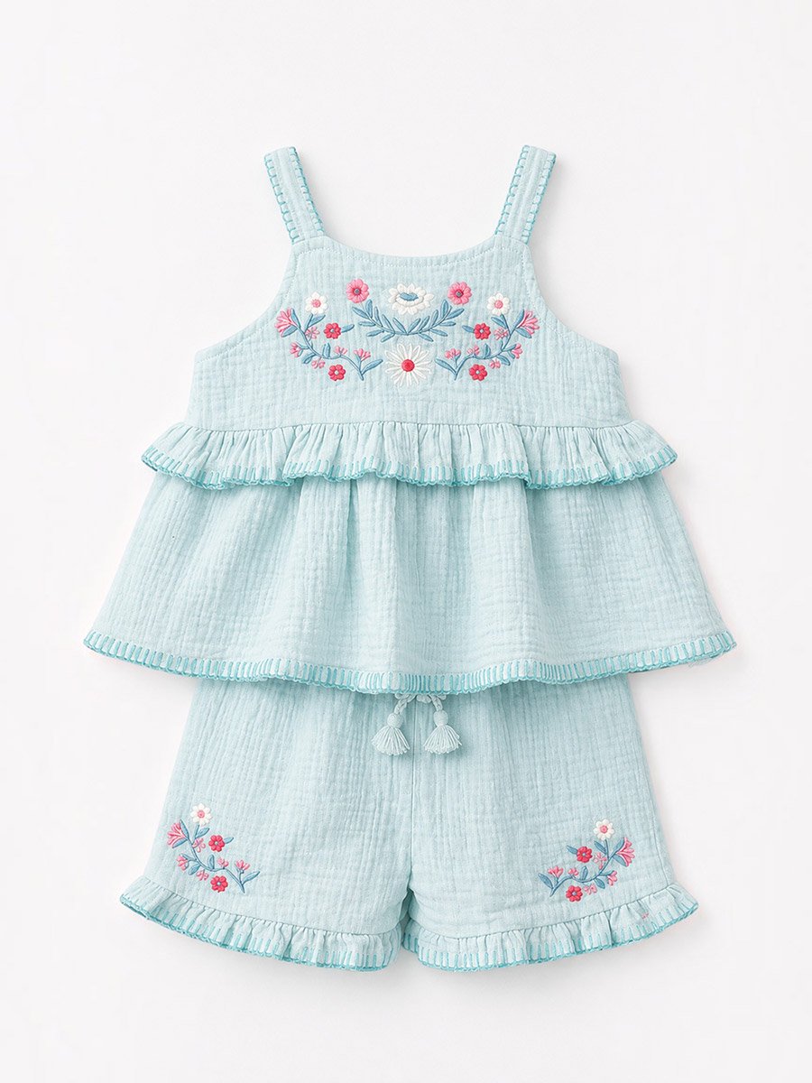 3-Piece Girls Embroidered Cotton Top and Ruffle Shorts with Glasses Set