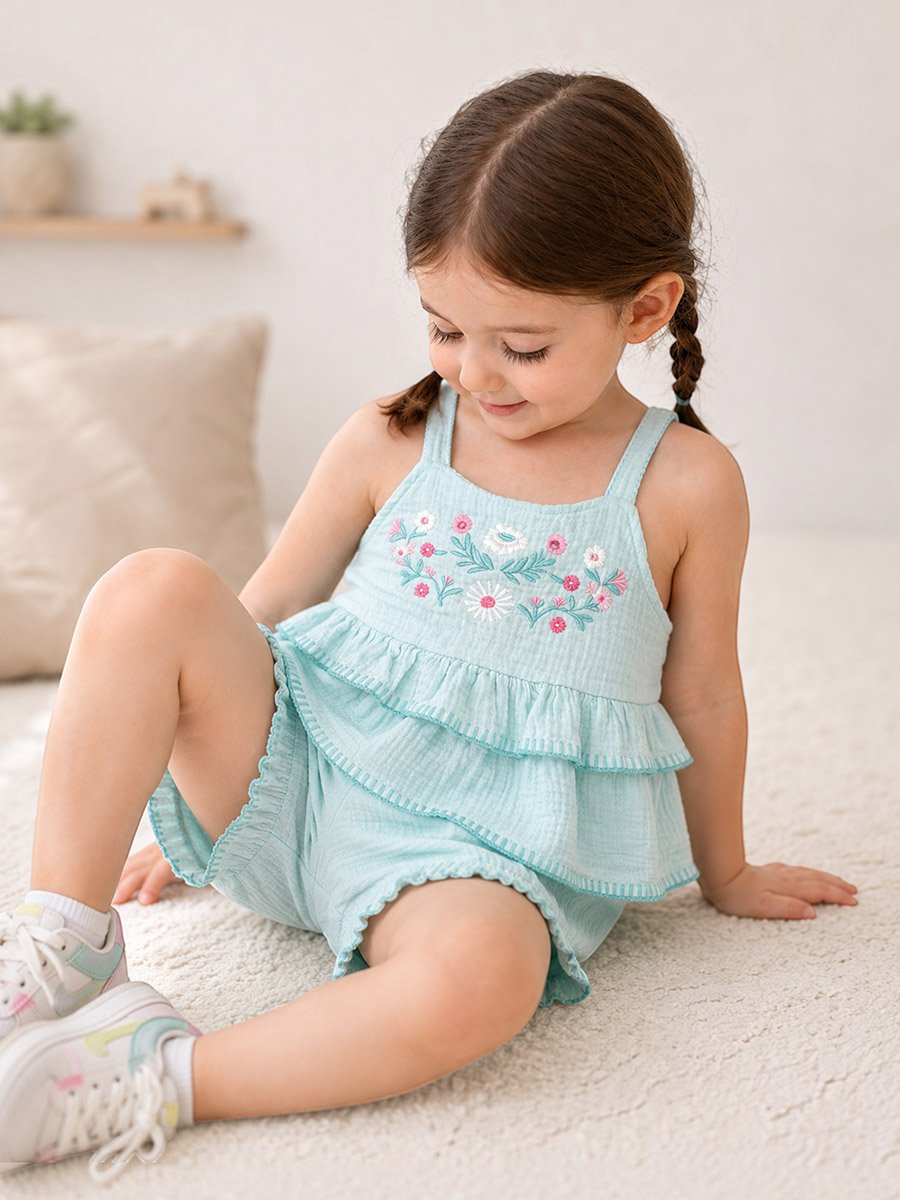 3-Piece Girls Embroidered Cotton Top and Ruffle Shorts with Glasses Set