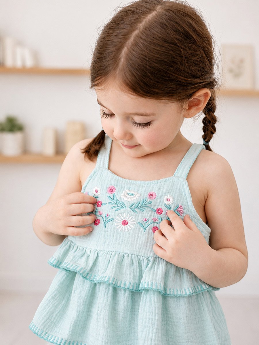 3-Piece Girls Embroidered Cotton Top and Ruffle Shorts with Glasses Set