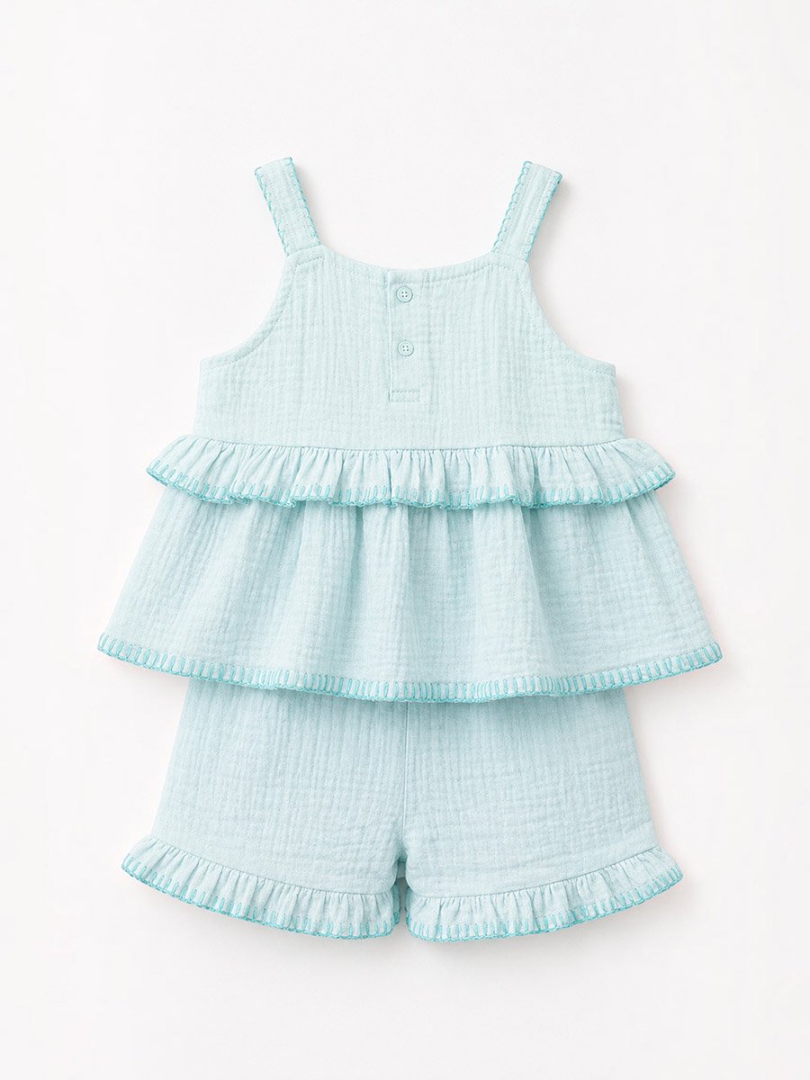 3-Piece Girls Embroidered Cotton Top and Ruffle Shorts with Glasses Set