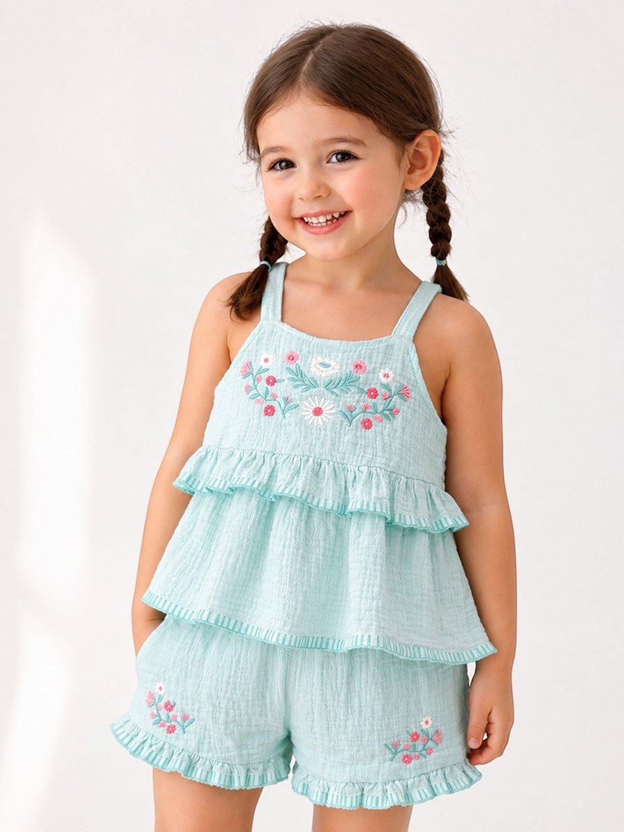 3-Piece Girls Embroidered Cotton Top and Ruffle Shorts with Glasses Set