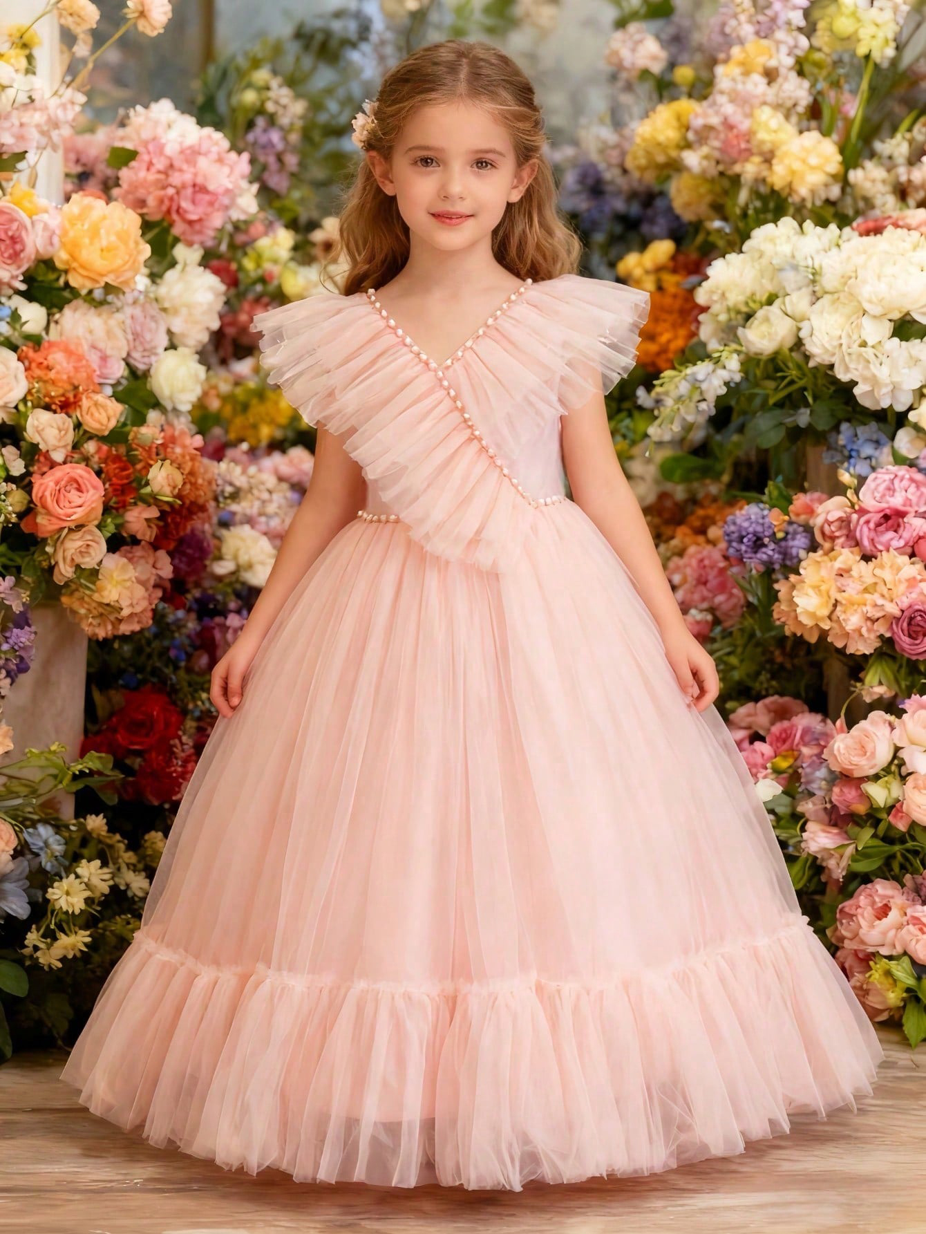 Girls Light Pink Ankle-Length Tulle Dress