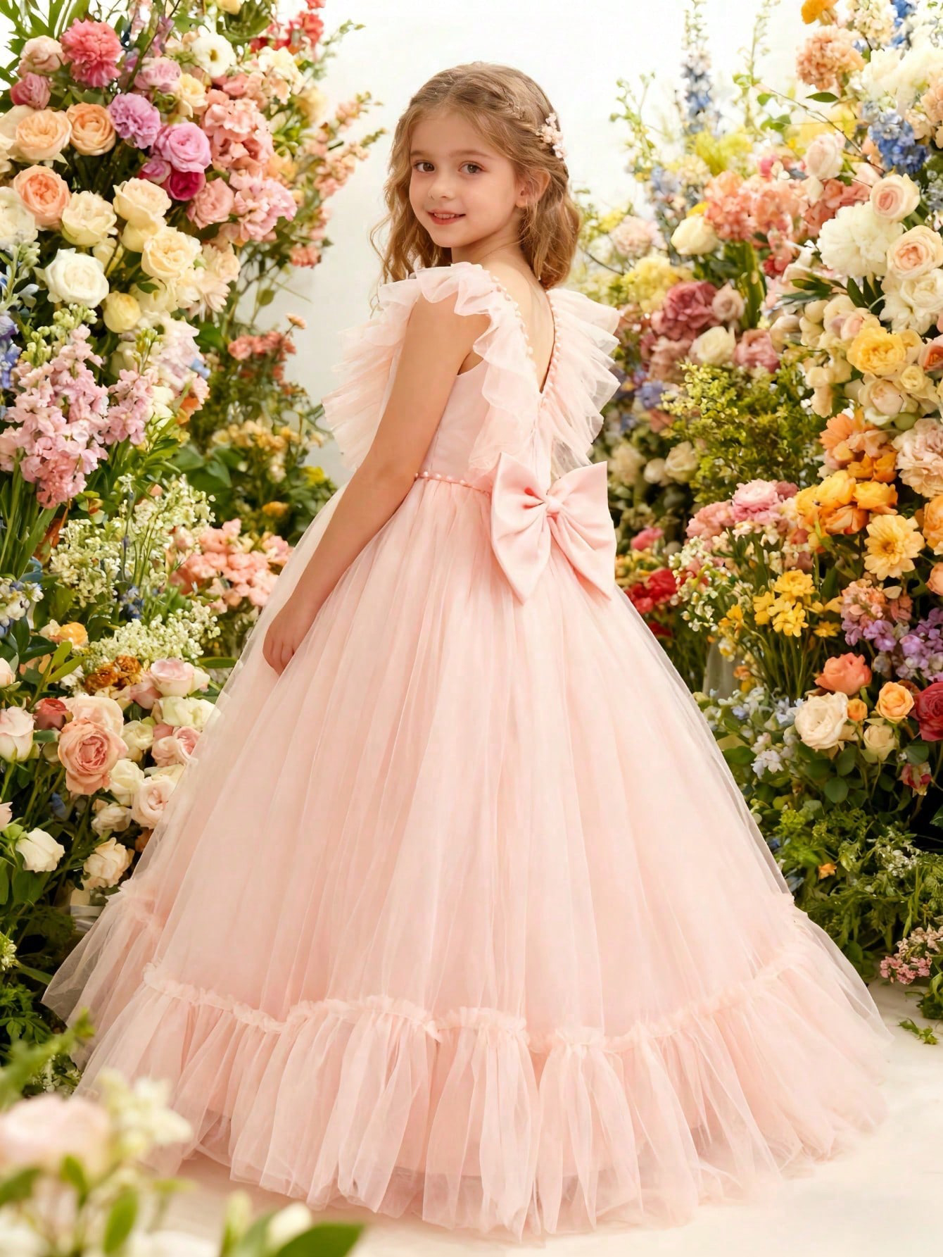 Girls Light Pink Ankle-Length Tulle Dress