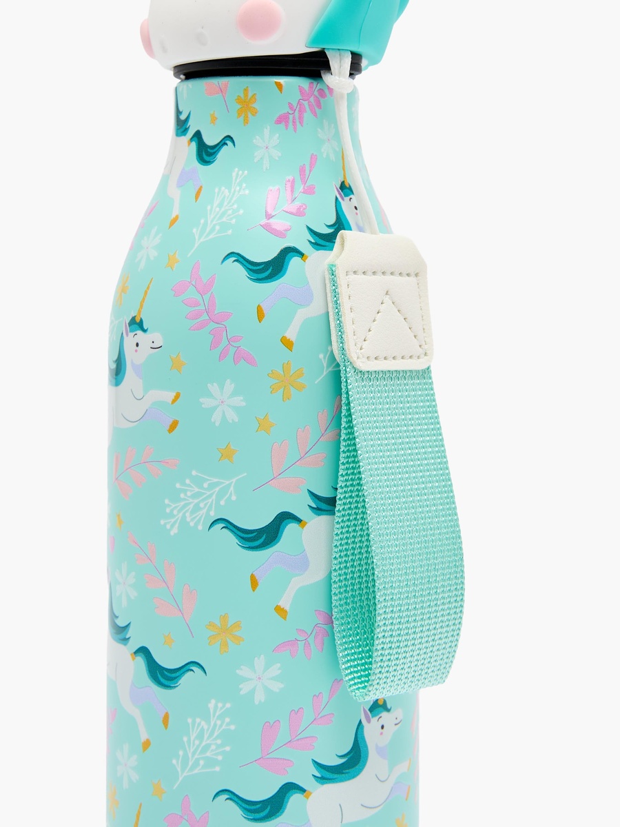 Unicorn Print Stainless Steel Water Bottle with Wristlet Strap - 550 ml