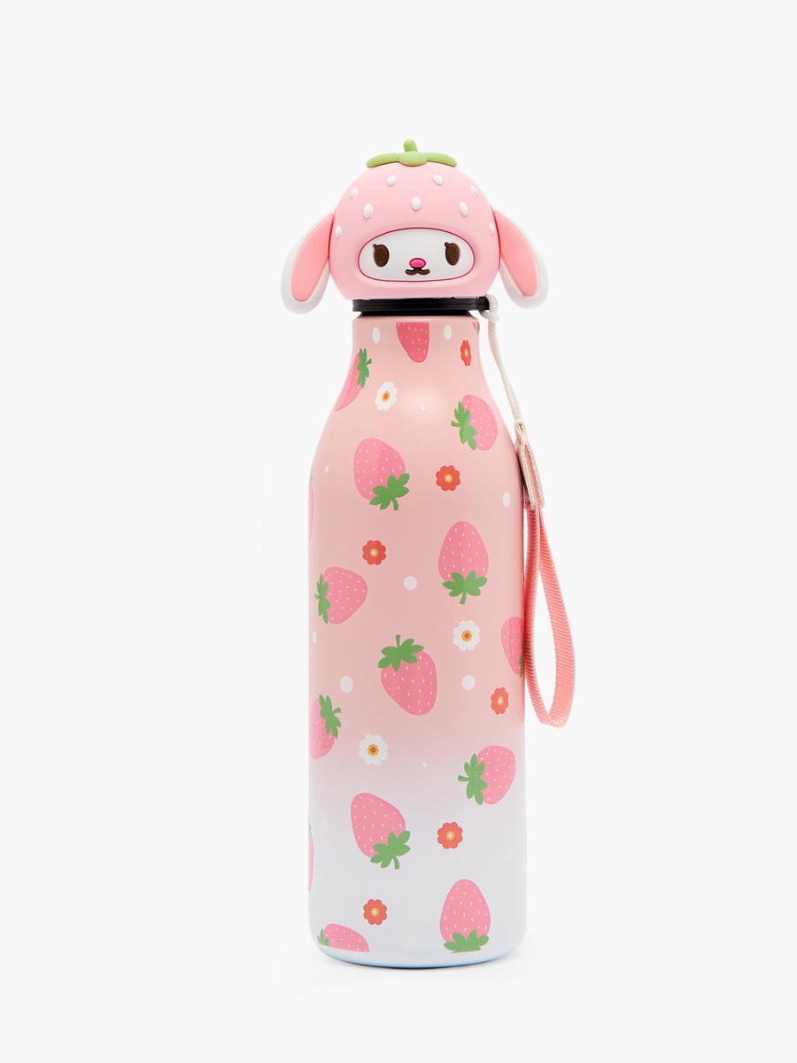 Strawberry Print Stainless Steel Water Bottle with Wristlet Strap - 550 ml