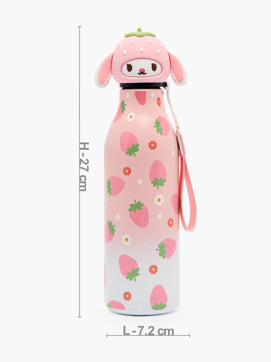 Strawberry Print Stainless Steel Water Bottle with Wristlet Strap - 550 ml