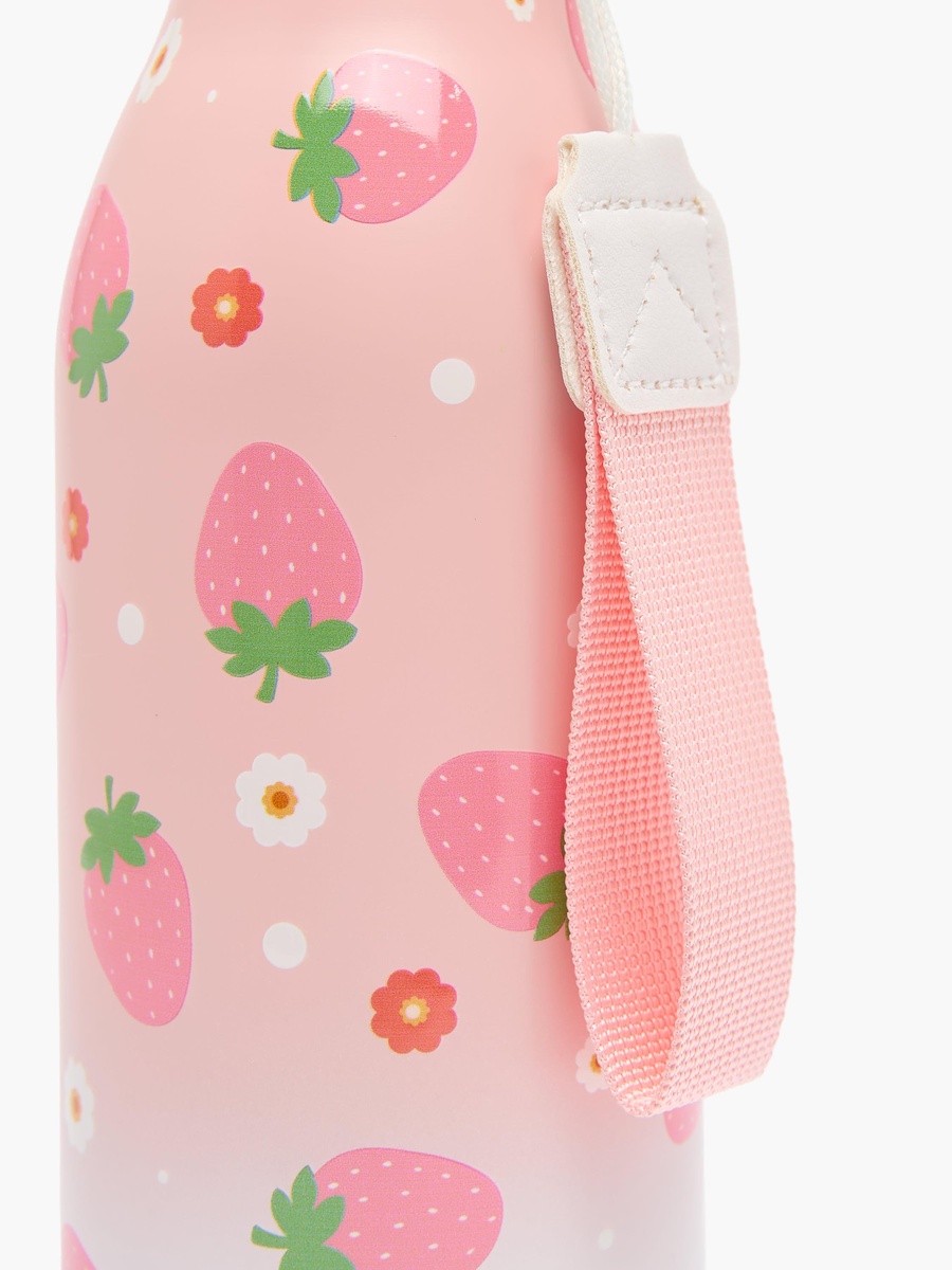 Strawberry Print Stainless Steel Water Bottle with Wristlet Strap - 550 ml