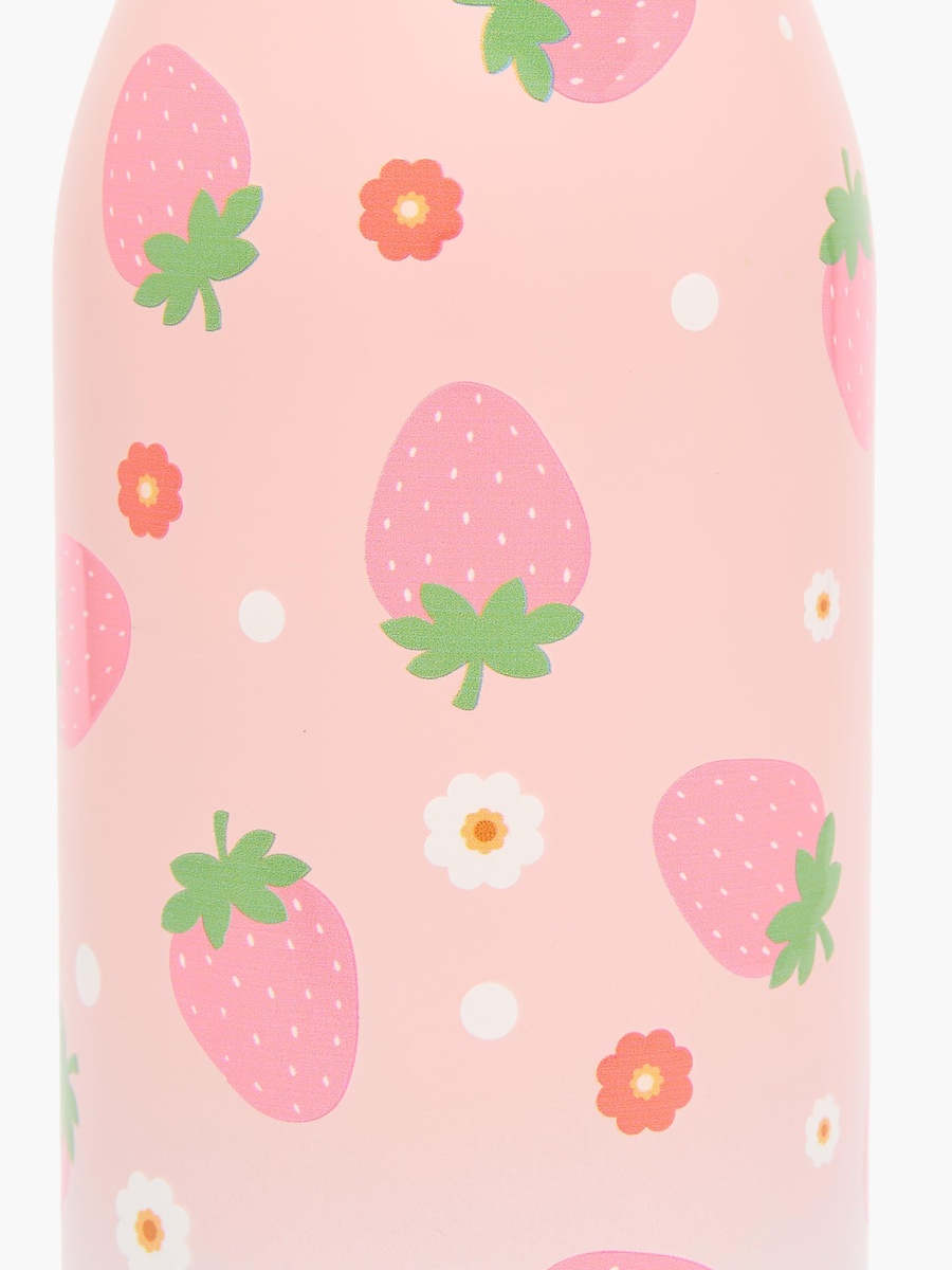 Strawberry Print Stainless Steel Water Bottle with Wristlet Strap - 550 ml