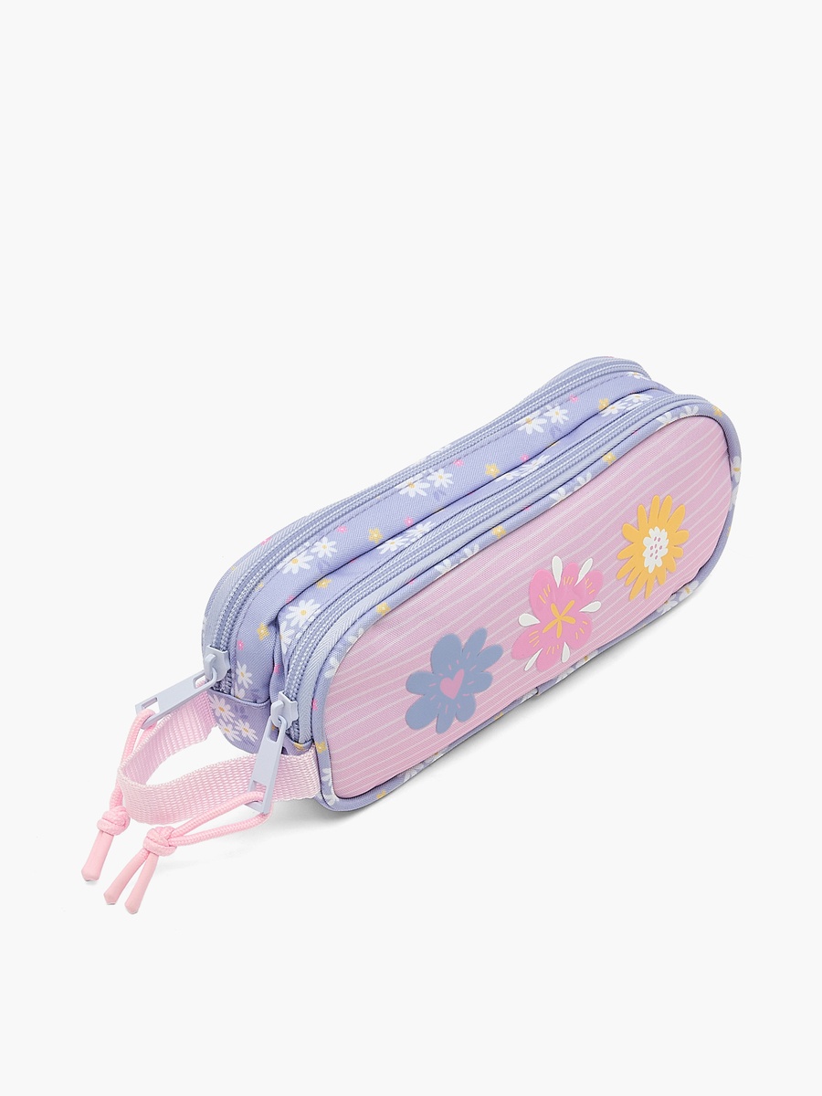 Floral Print Double Pencil Case with Double Compartments