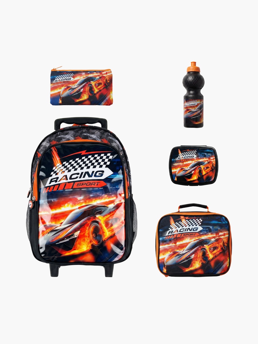 Car Racing 5-Piece School Trolley Backpack Set - 15 Inch