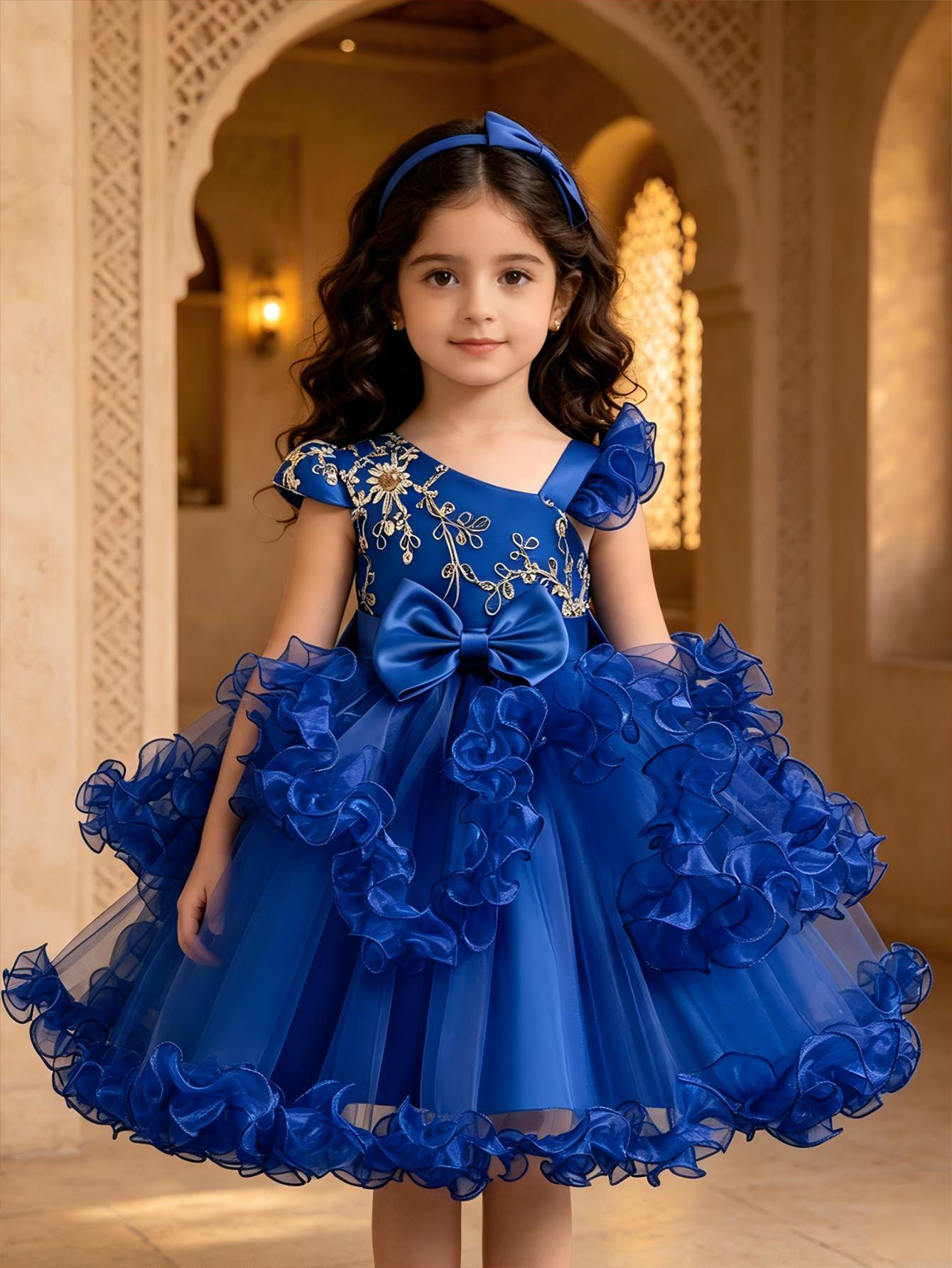 Blue Embroidered Round Neck Swing Dress