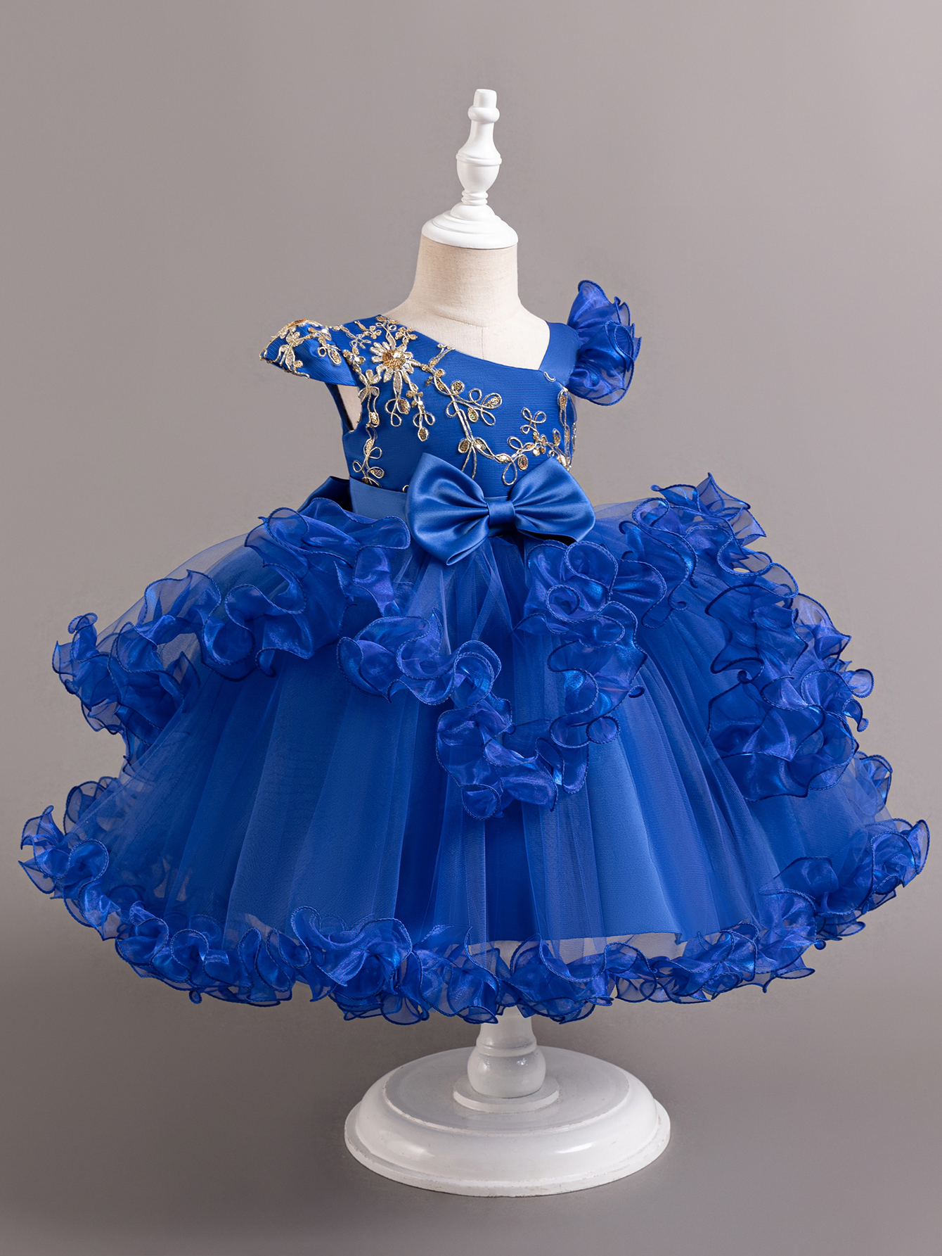 Blue Embroidered Round Neck Swing Dress