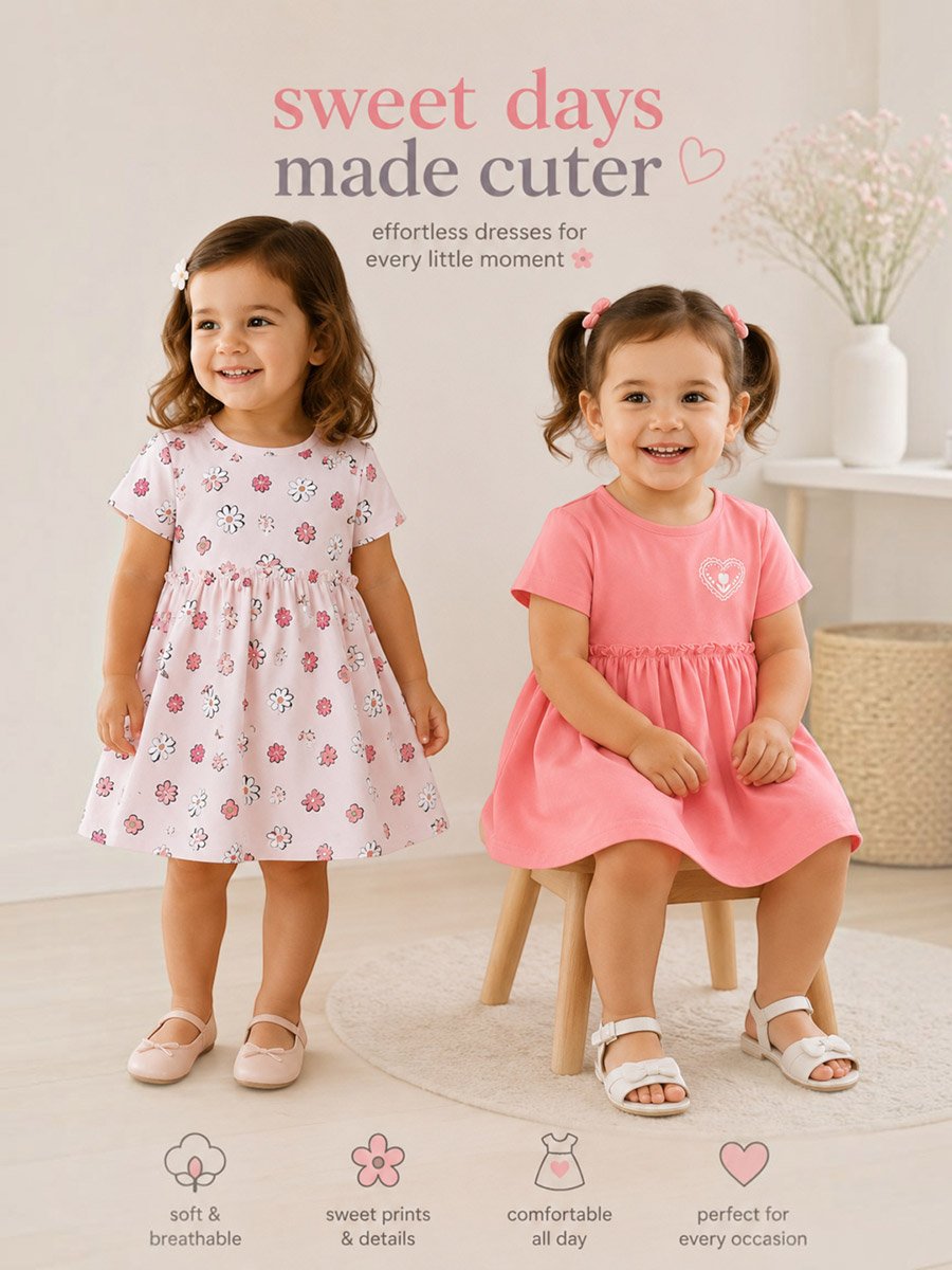 Girls Cotton Floral and Solid Dresses 2-Pack