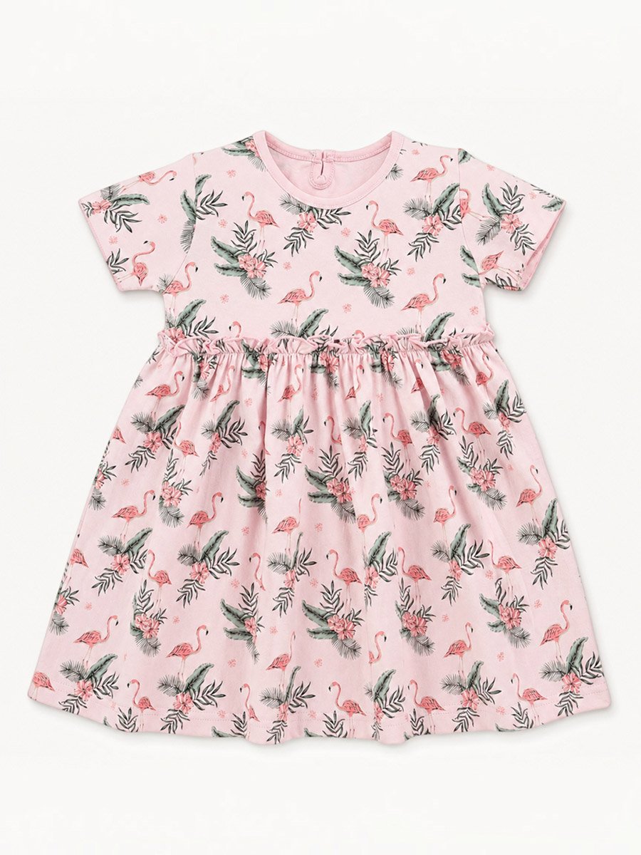 Baby Girls Flamingo Print and Solid Cotton Dress - Pack of 2
