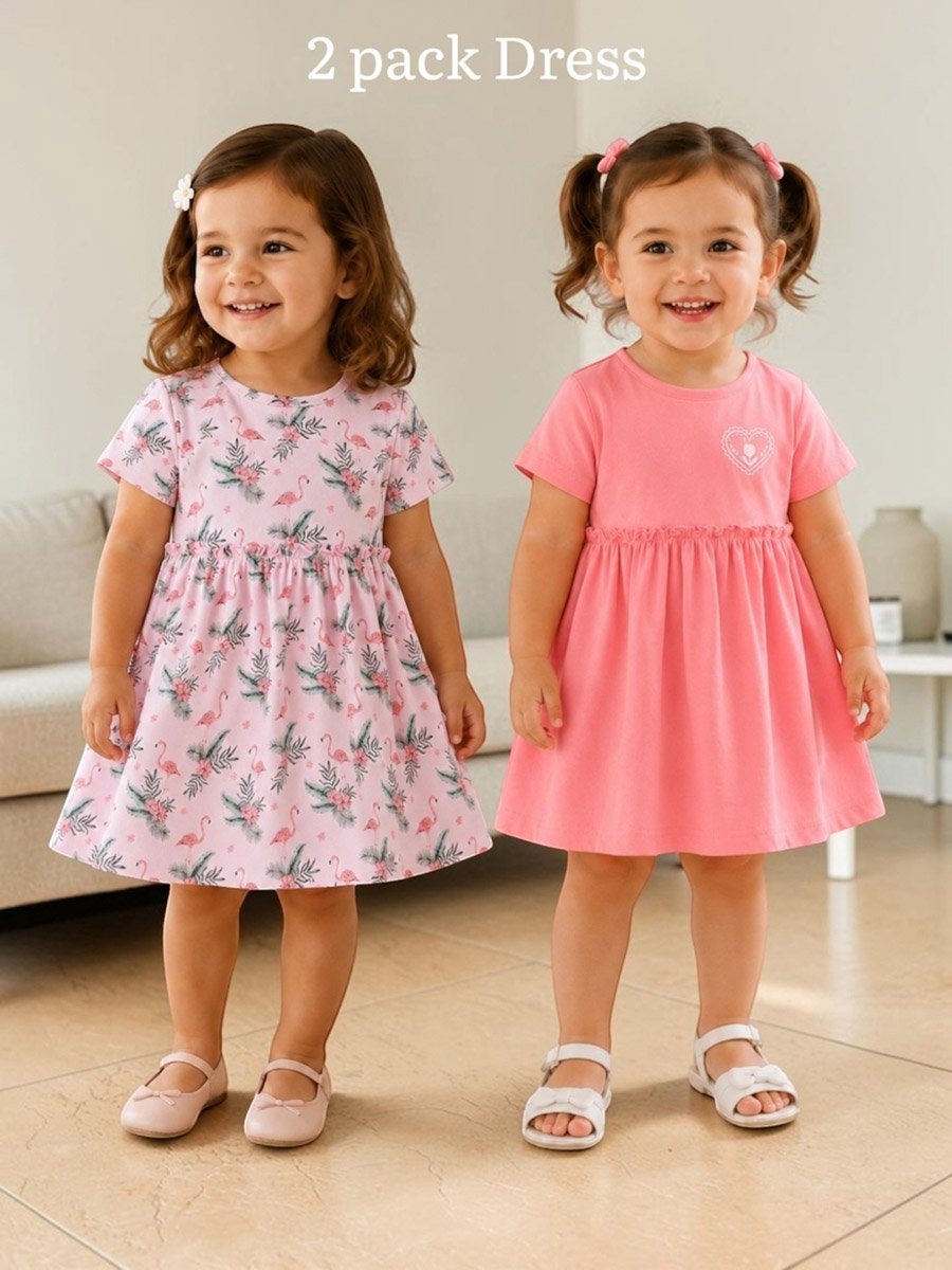 Baby Girls Flamingo Print and Solid Cotton Dress - Pack of 2