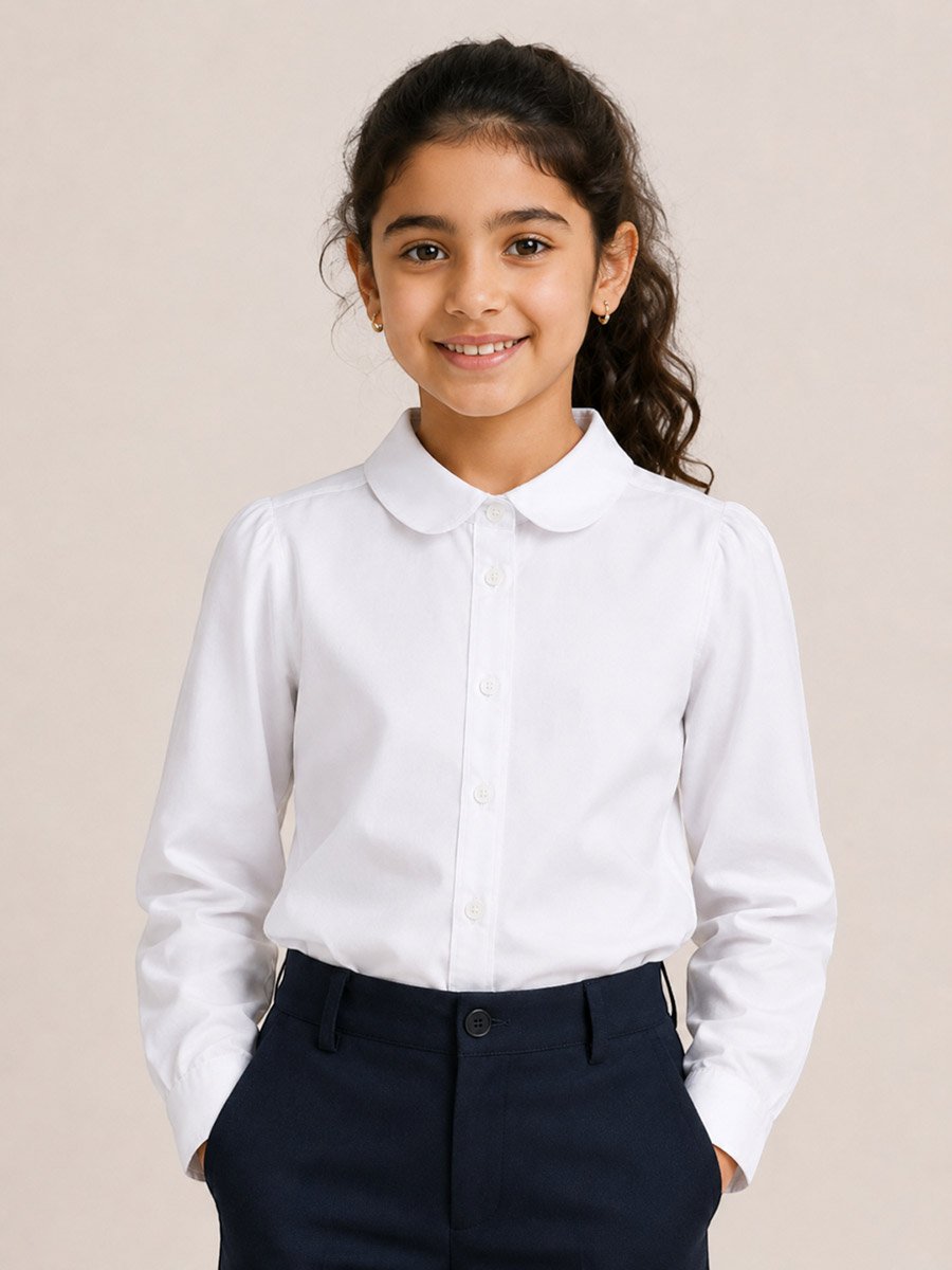 Girls White Long Sleeve Cotton Blend School Shirt
