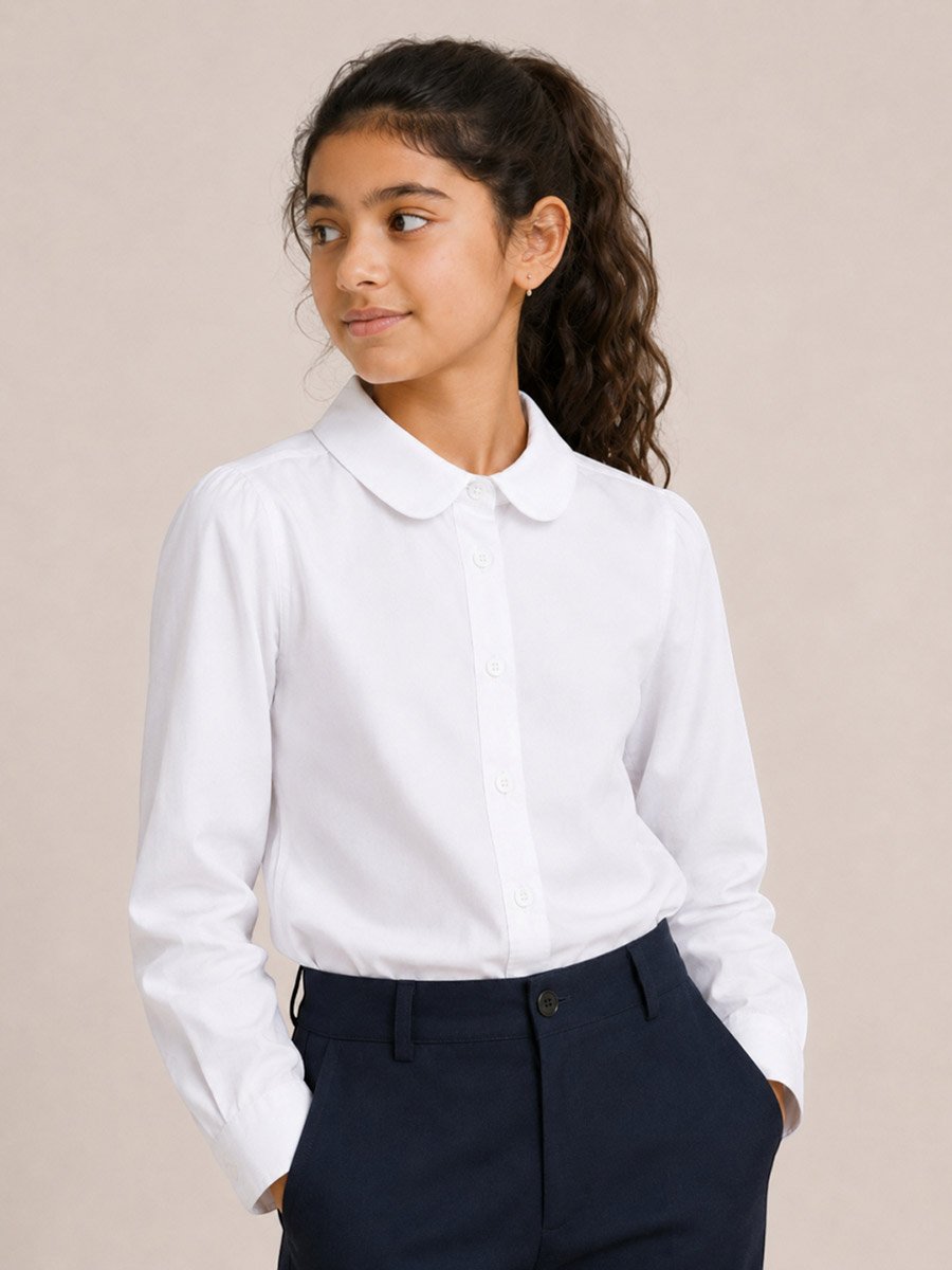 Girls White Cotton Blend Long Sleeve School Blouse